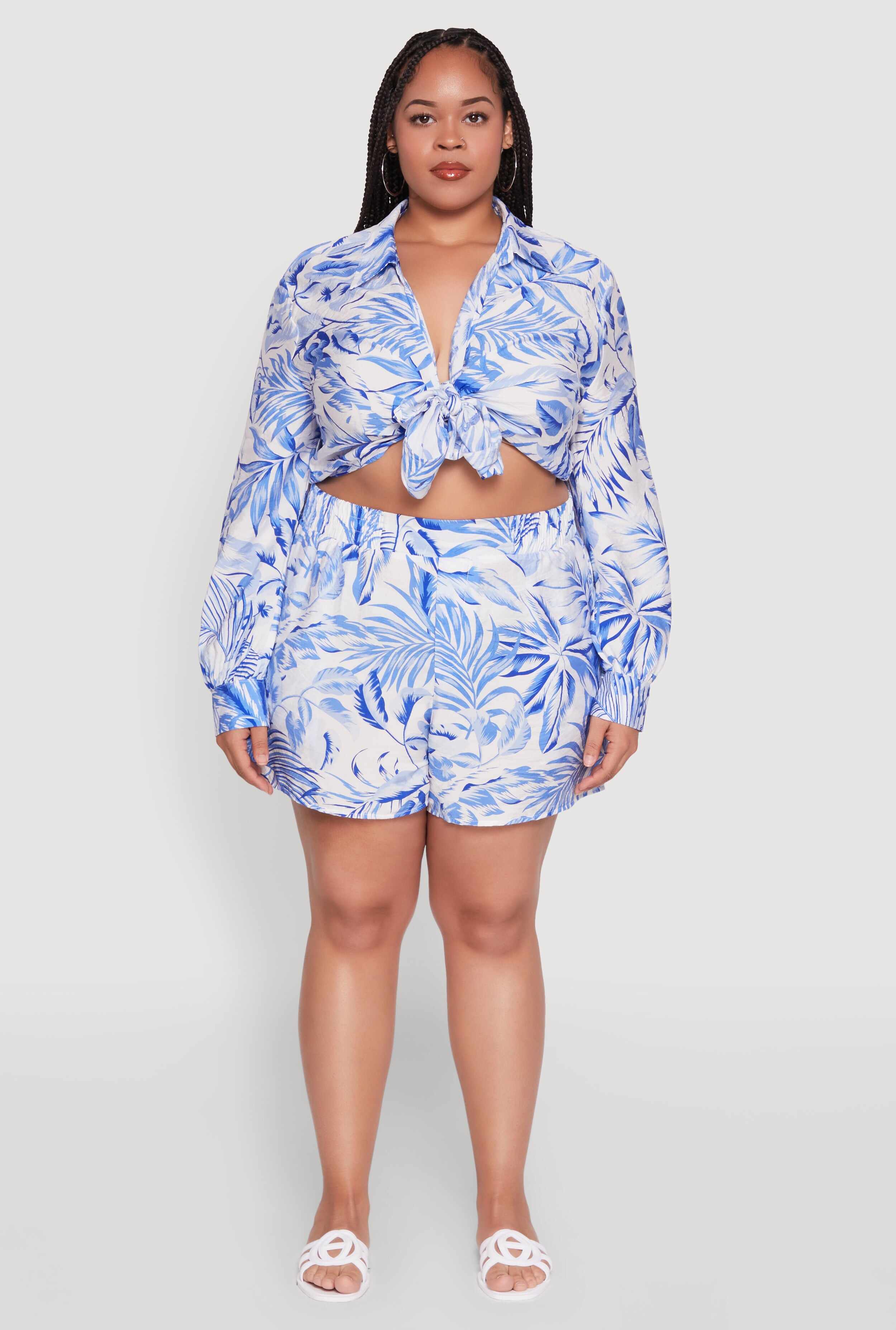 Plus Size Trendy High Waisted Leaf Print Shorts