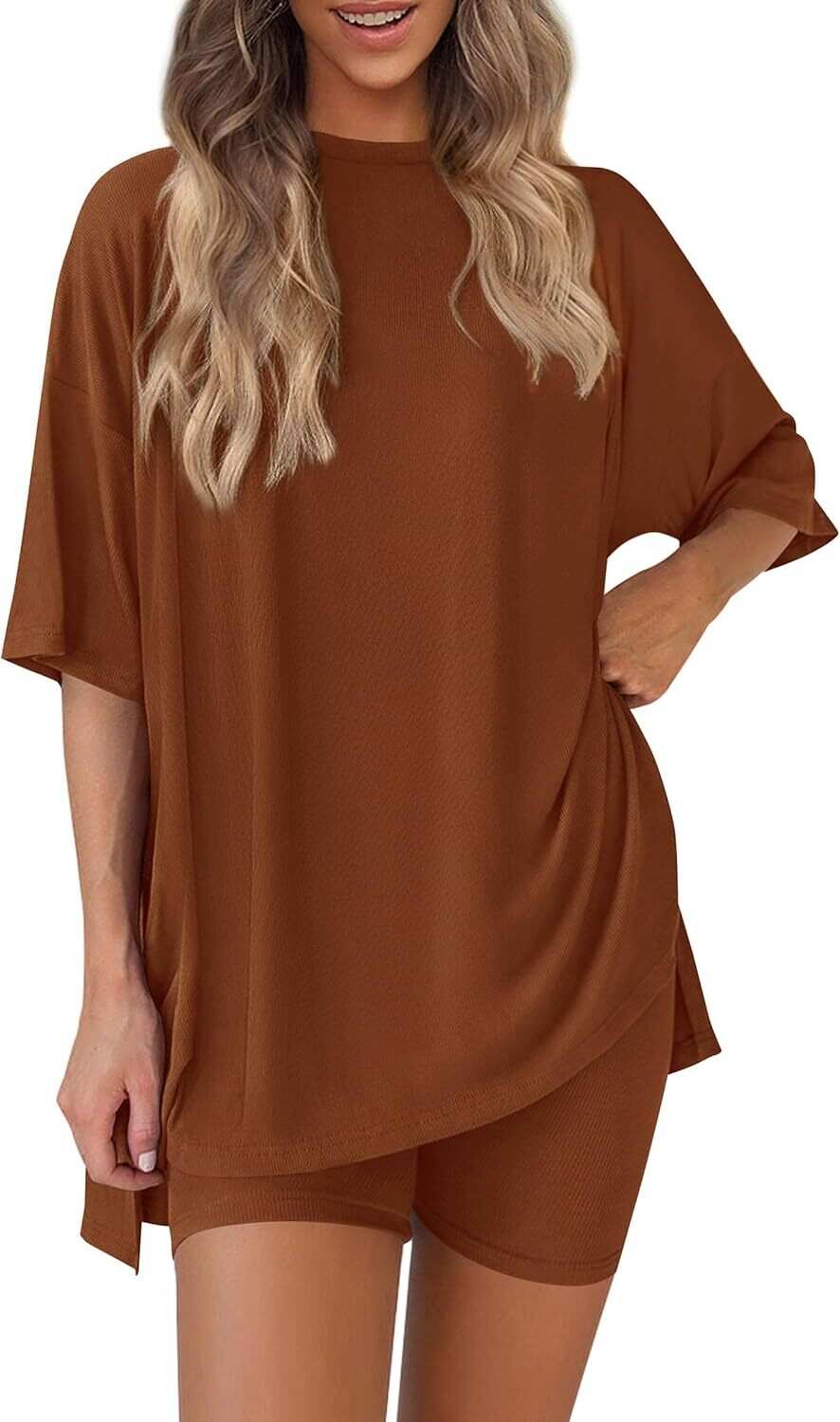 🔥Flash sale🔥Women's Two Piece Lounge Set 2026 Summer Casual Oversized Shirts  Biker Shorts Matching Airport Travel Outfit