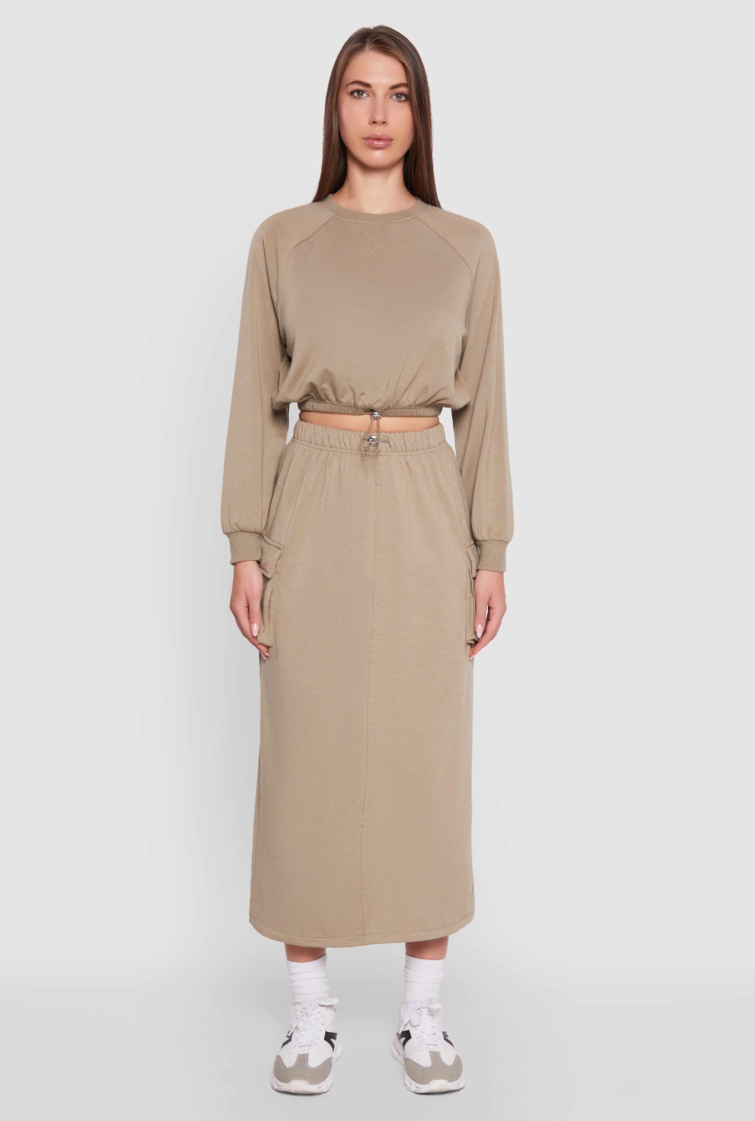 Fleece Toggle Drawstring Cargo Pocket Midi Skirt