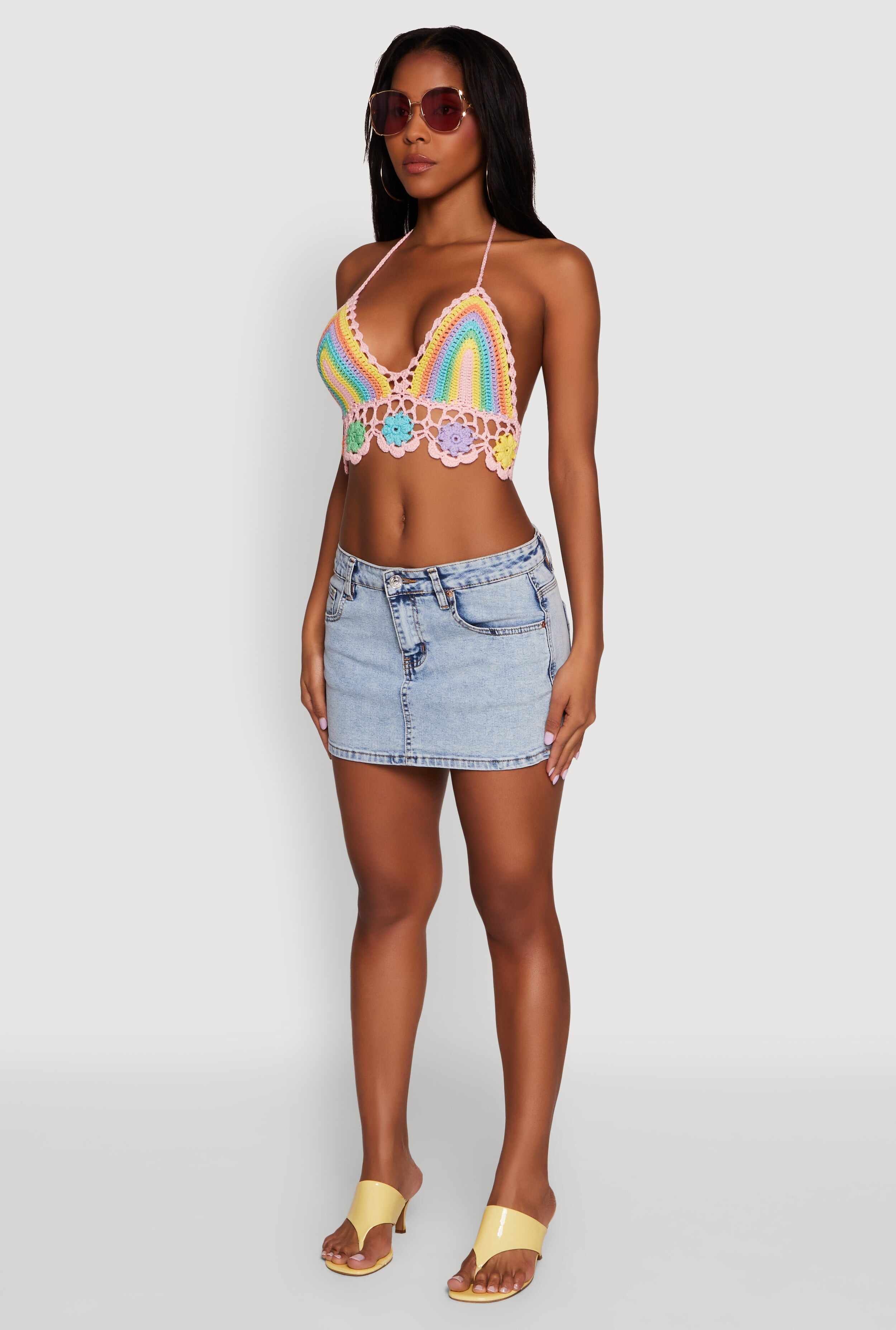 Trendy Crochet Floral Detail Cropped Halter Top