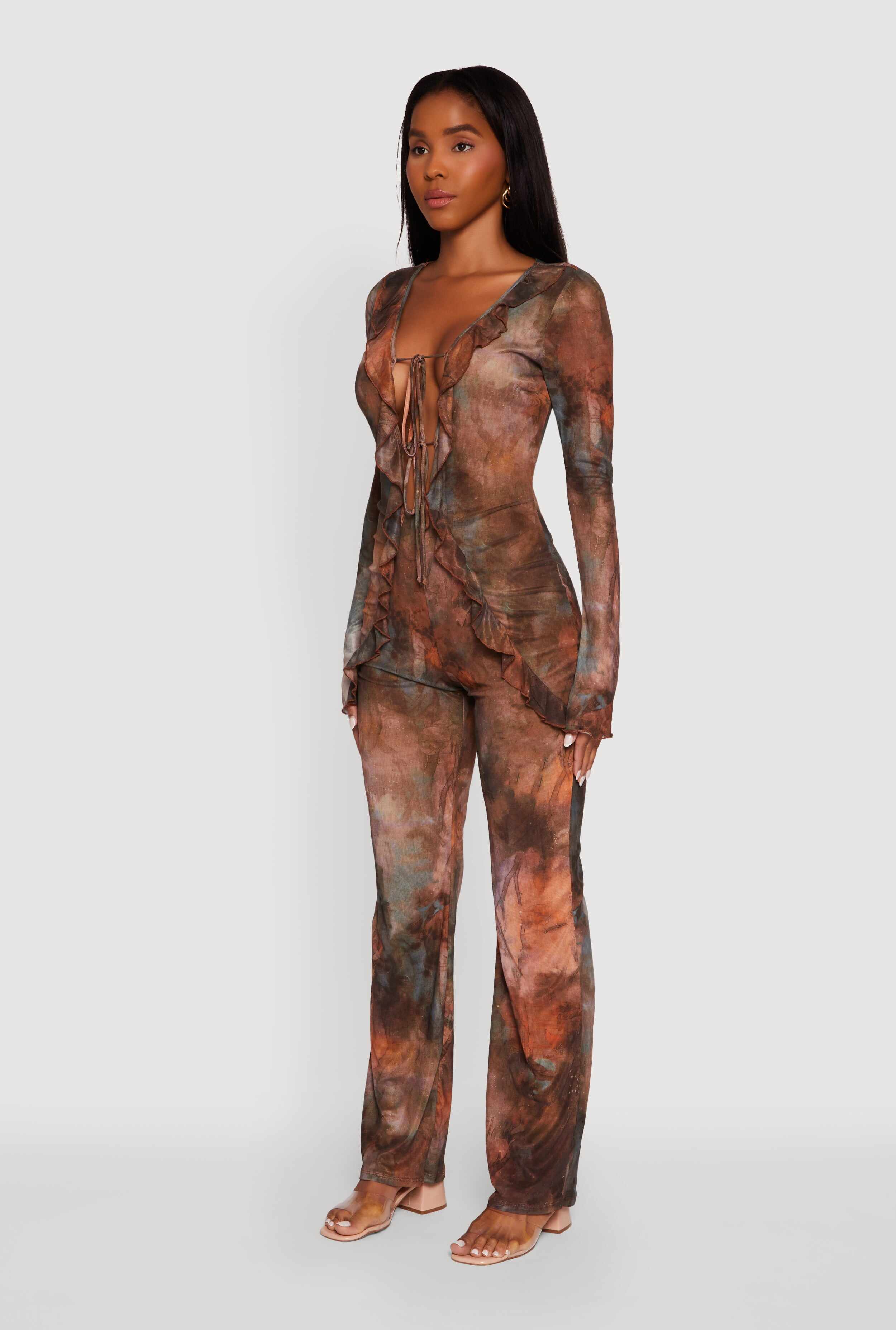 Printed Mesh Long Sleeve Ruffle Overlay Jumpsuit