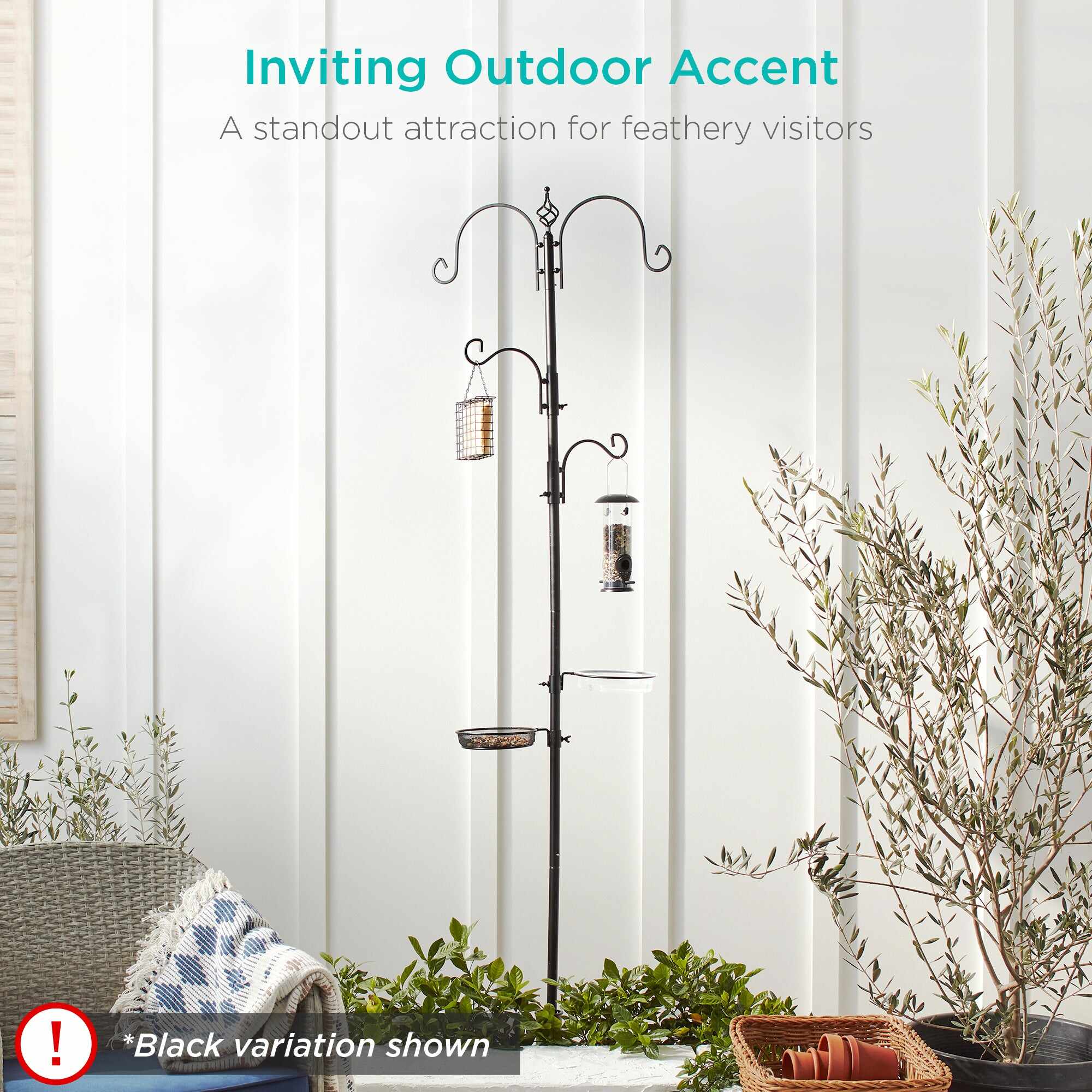 4-Hook Bird Feeding Station, Steel Feeder Stand w/ 2 Bird Feeders - 91in