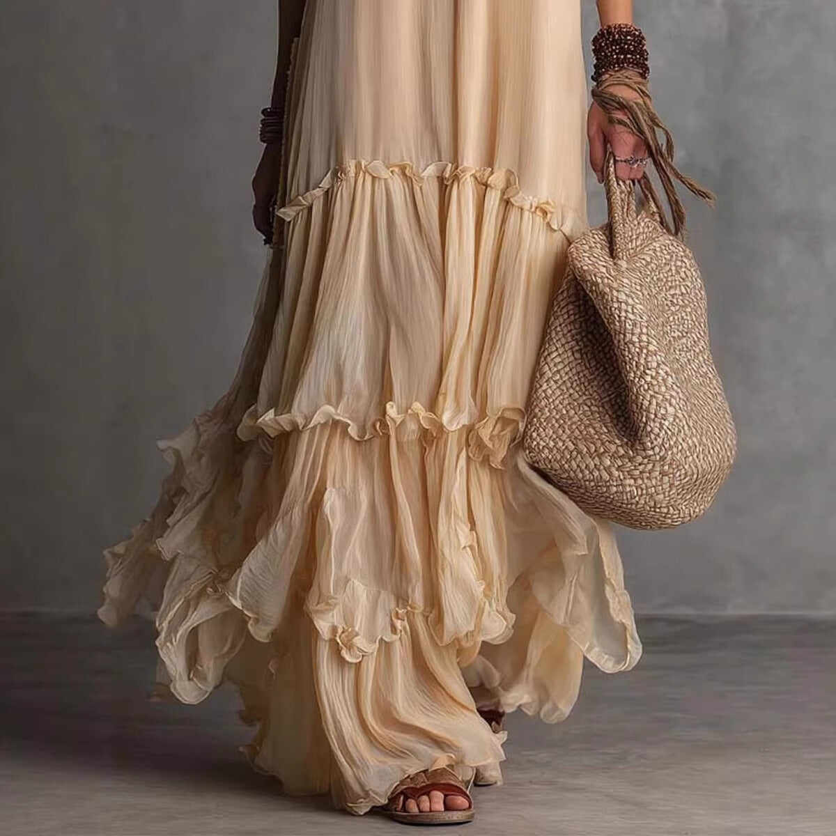 Boho Tiered Ruffle Chiffon Maxi Dress – Sleeveless Flowy Beige Summer Sundress for Women