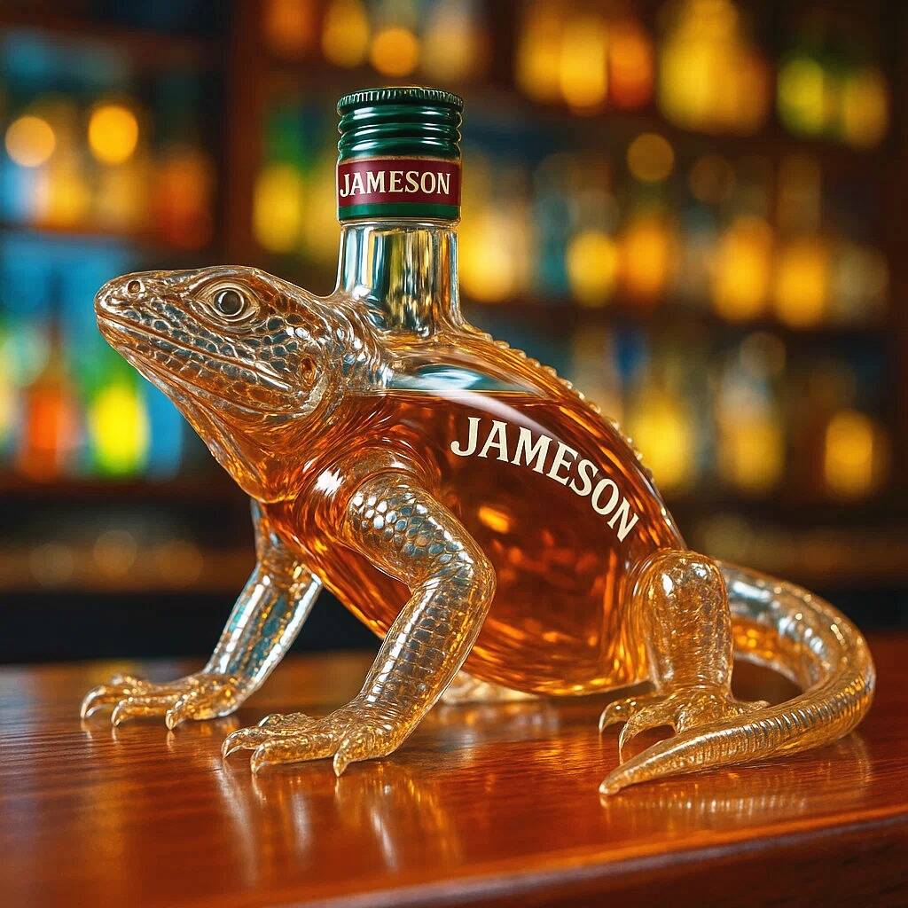 Lizard crawls pet whiskey bottle