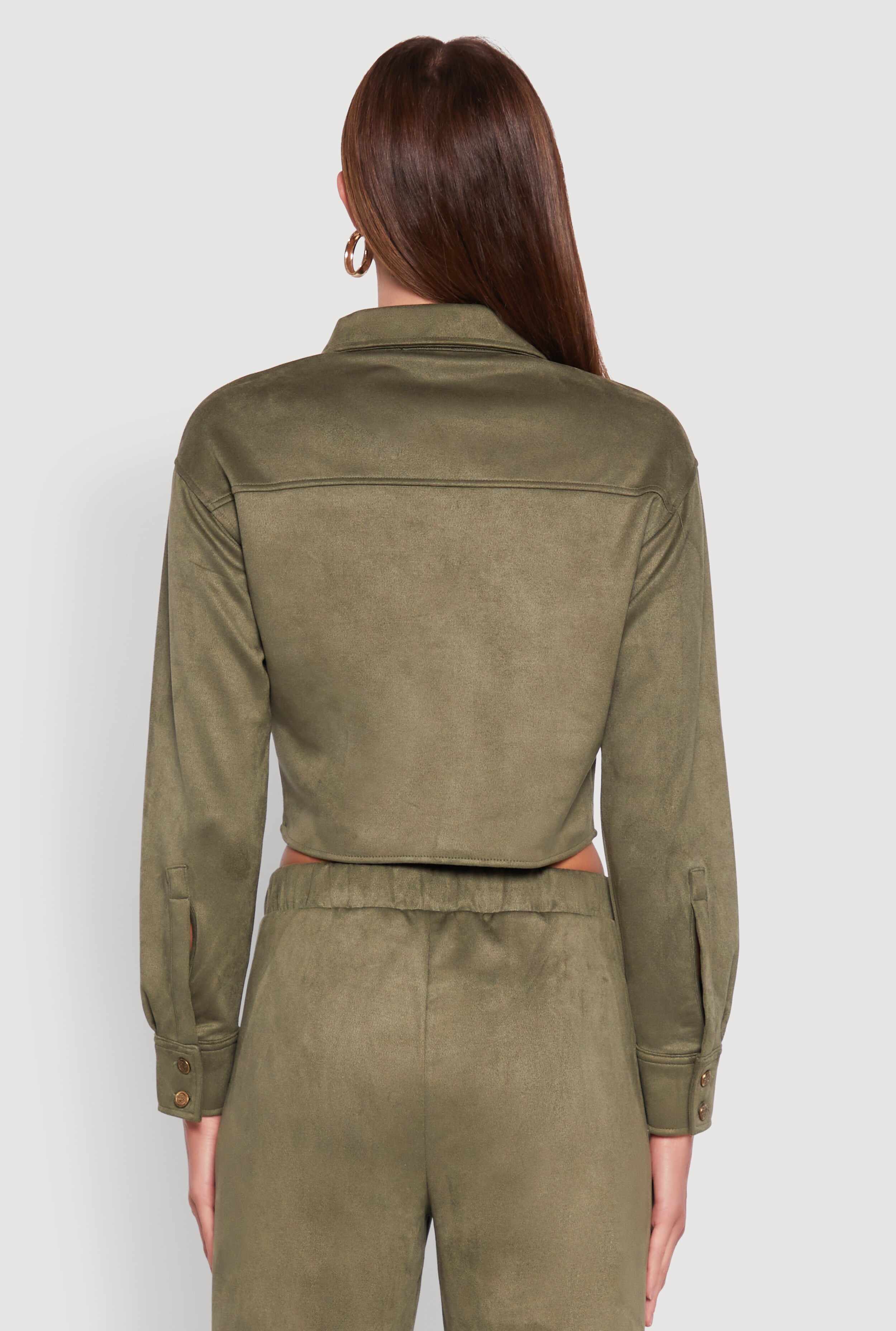 Faux Suede Button Front Cropped Shirt