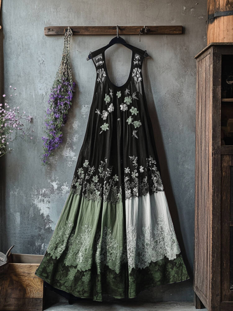 Boho Floral Embroidered Pattern Lace Patchwork Contrast Color Art Linen Dress