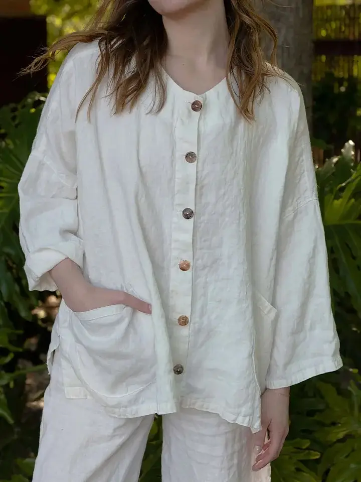 🔥Summer Arrivals🌟Women's Solid Color Round Neck Long-sleeved Casual Loose Cotton And Linen Top