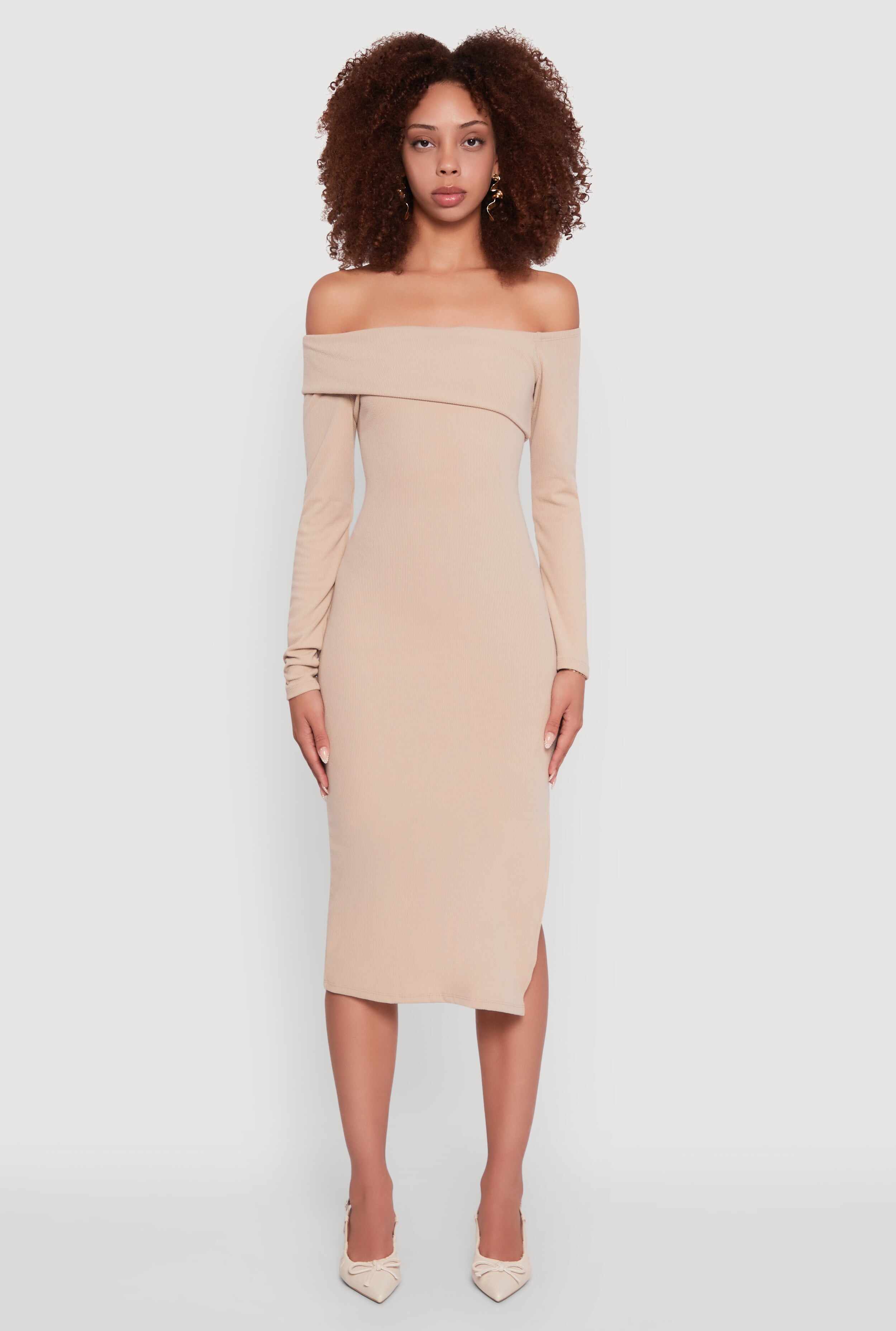 Asymmetrical Fold Over Off The Shoulder Side Slit Dress
