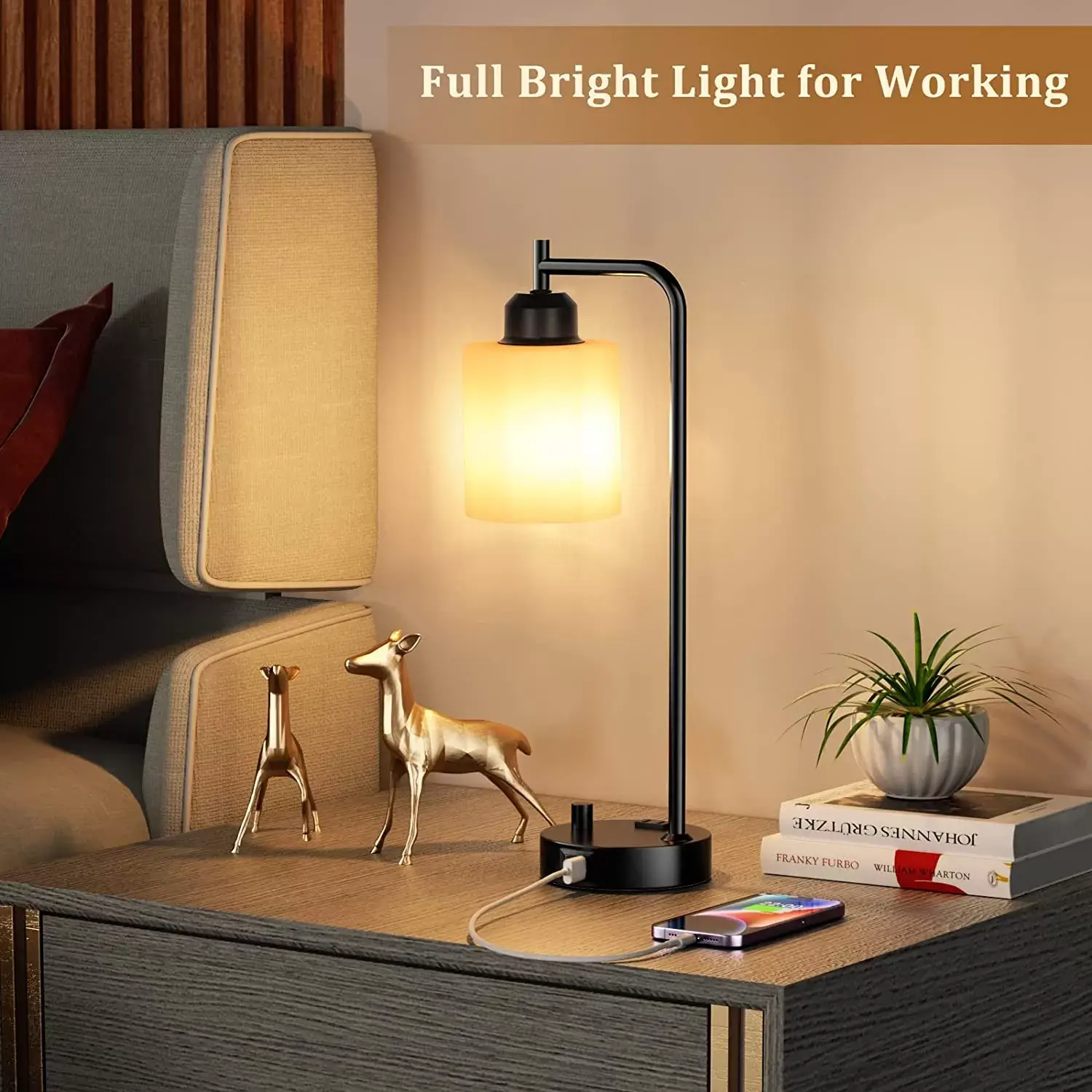 Industrial Bedside Table Lamp for Bedroom - Nightstand Lamps with USB C Charging Port, Fully Dimmable Black Lamps with USB Ports and Outlets, Small Desk Lamp with Glass Shade for Office Living Room