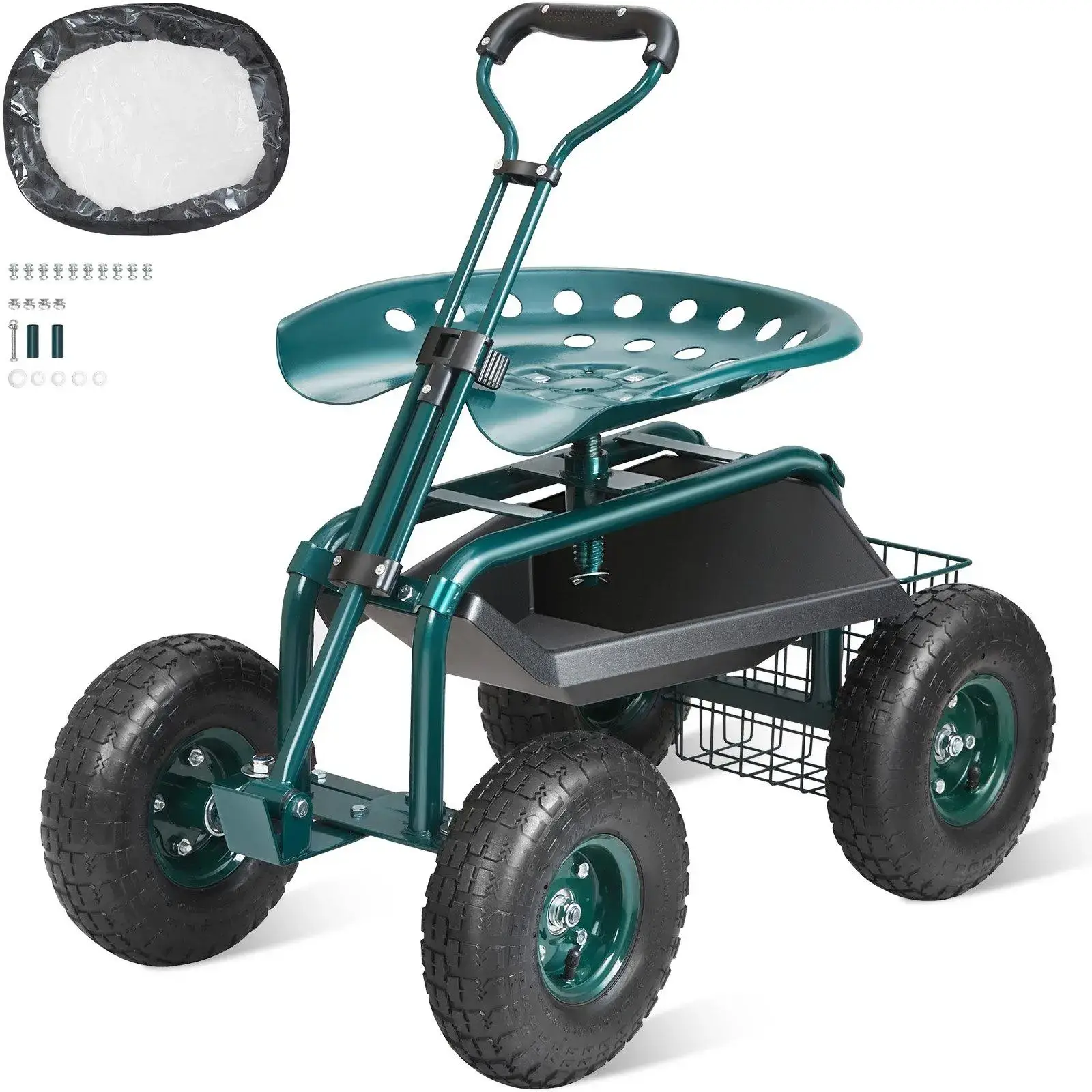 Garden Cart Rolling Workseat with Wheels, Gardening Stool for Planting, 360 Degree Swivel Seat, Wagon Scooter with Steering Handle & Utility Tool Tray, Use for Patio, Yard, and Outdoors