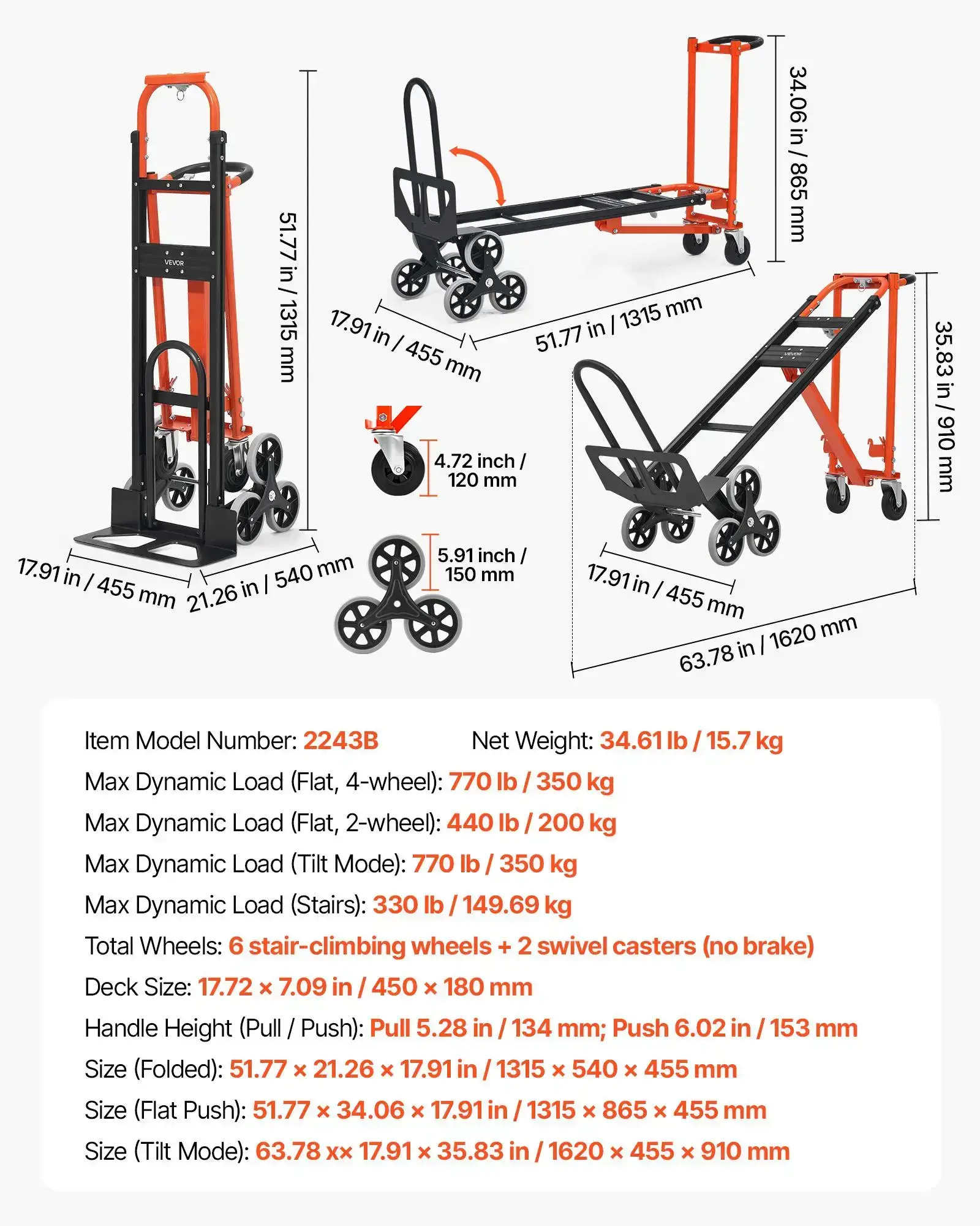 3 in 1 Industrial Convertible Stair Climbing Cart, 770 lbs Max Load, Folding Hand Truck Dolly with Handle & Wheels, Stair Climbing Utility Trolley for Transport & Moving, Orange & Silver