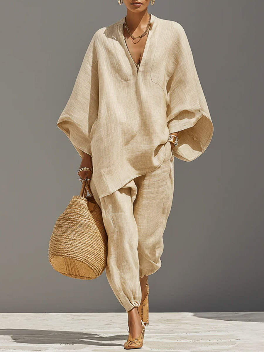 🔥Summer Arrivals🌟Women's Solid Color V-neck Long Sleeve Casual Loose Cotton Linen Top With Elastic Waist And Wide-leg Pants Set