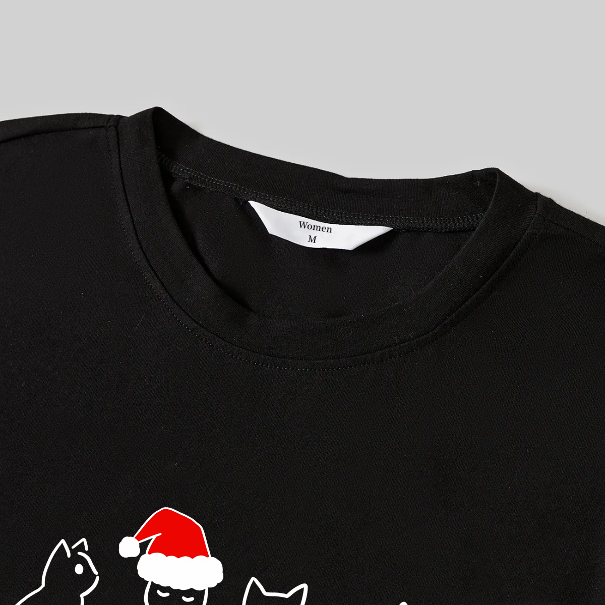 Christmas Cat Print Black Long Sleeve Top with Red & White & Green Plaid Family Matching Pajamas