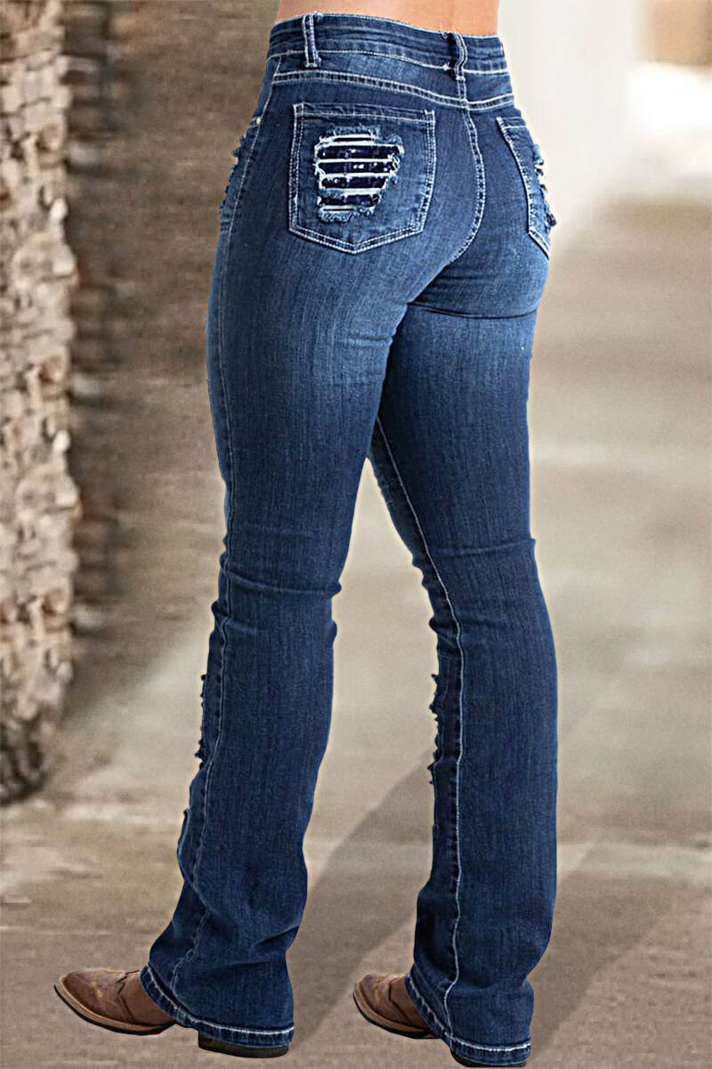 Vintage Stripe Print Ripped Mid Waist Jeans