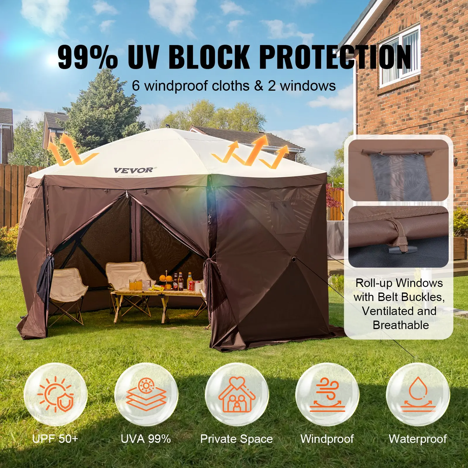 Camping Gazebo Screen Tent, 12*12ft, 6 Sided Pop-up Canopy Shelter Tent with Mesh Windows, Portable Carry Bag, Stakes, Large Shade Tents for Outdoor Camping, Lawn and Backyard, Brown/Beige