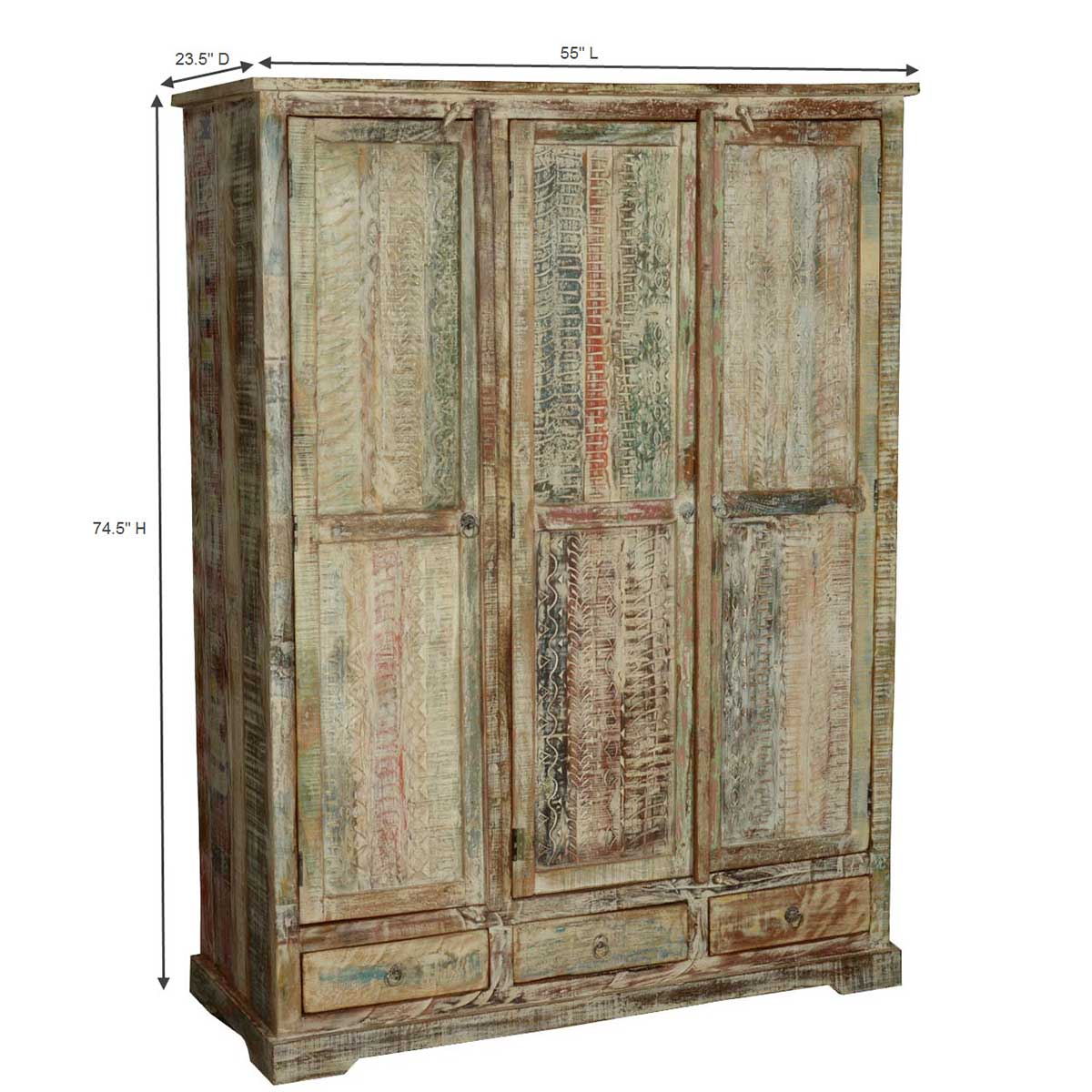 White Distressed Washed Solid Wood Large Wardrobe Armoire w Drawer