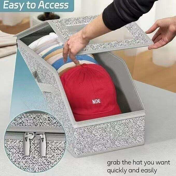 Hat Storage Box with Clear Lid, Foldable Cap Organizer for Baseball Caps