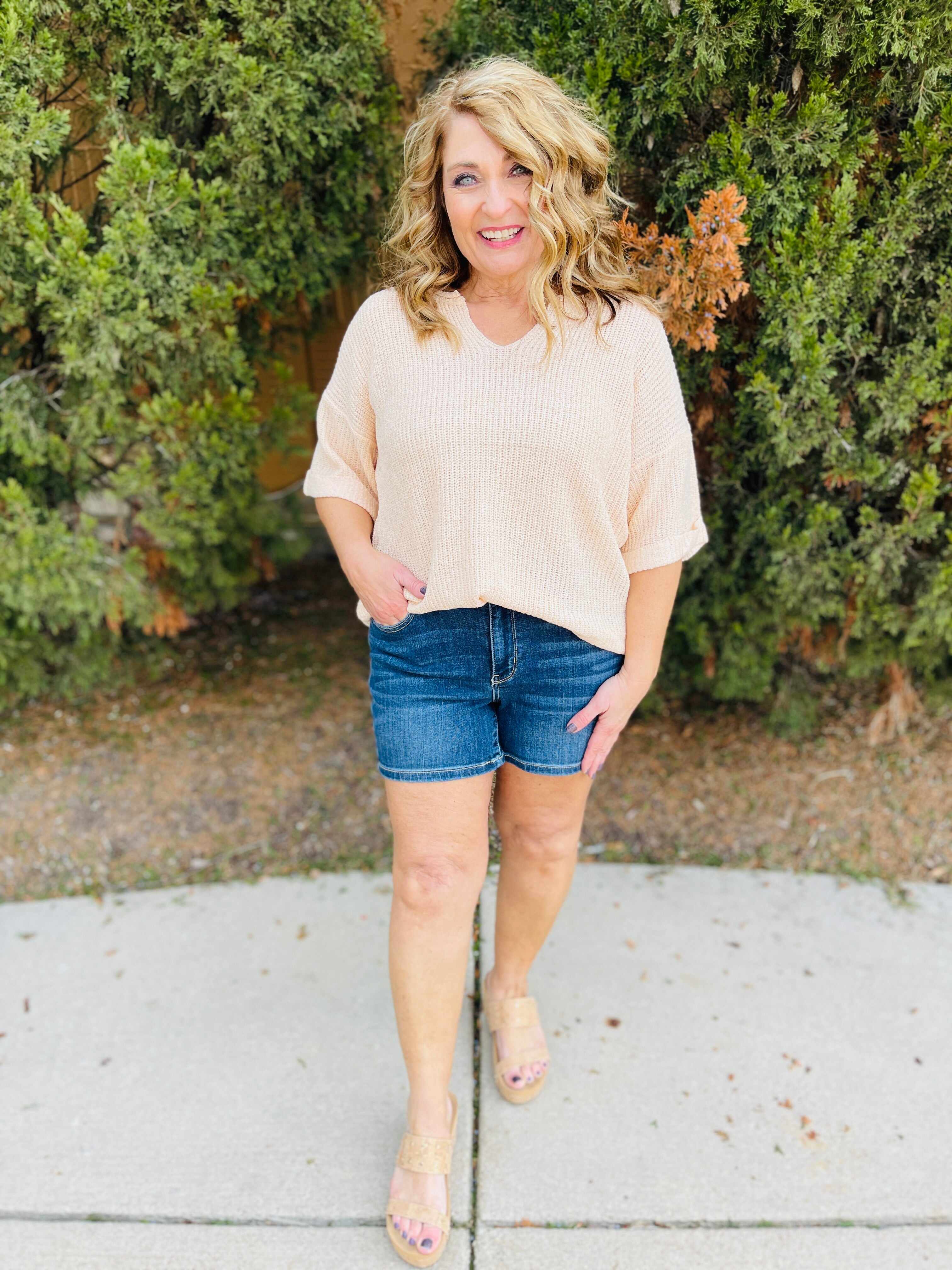 Plus/Reg Sweet Summertime Mid Rise Dark Wash Shorts