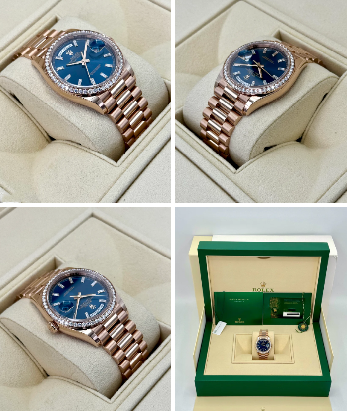 NEW 2025 Rolex Day-Date 36mm 128345RBR Rose Gold Blue Baguette Dial