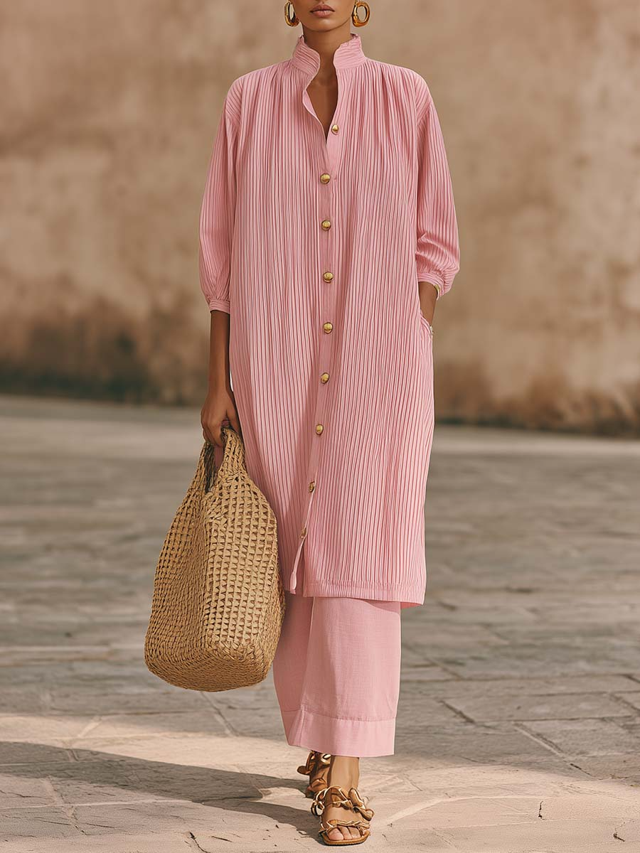 🔥Summer Arrivals🌟Elegant Metal Button Longline Shirt And Pants Set