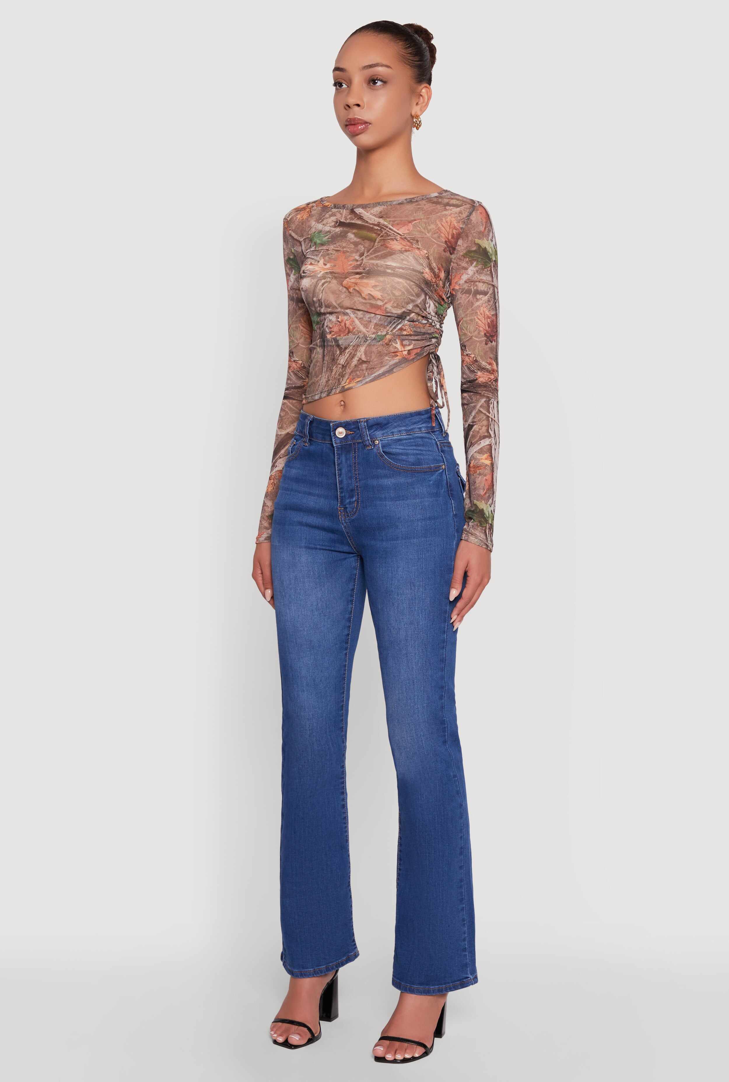 Mesh Forest Camo Ruched Side Long Sleeve Crop Top