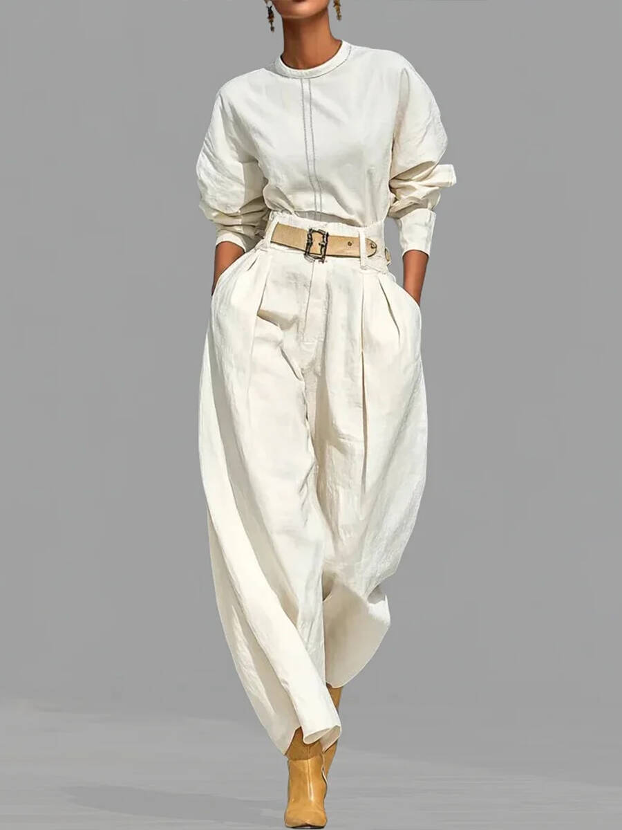 🔥Summer Arrivals🌟Casual Linen And Cotton Crew-neck Shirt And High-waisted Tapered Trousers Two-piece Set.