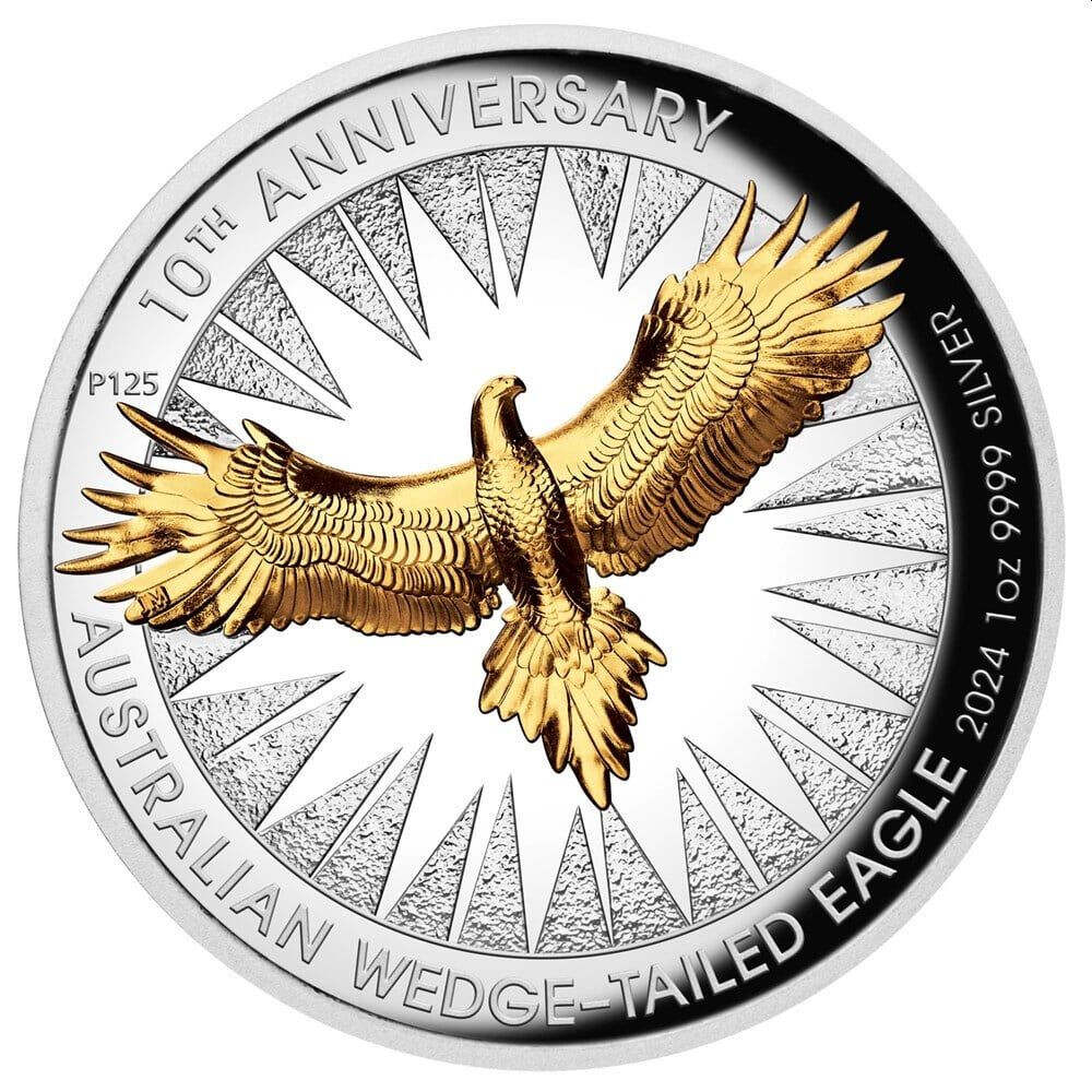 2024 $1 Australian Wedge Tailed Eagle 10th Anniversary 1oz Silver Proof High Relief GILDED Coin ( Perth Mint)