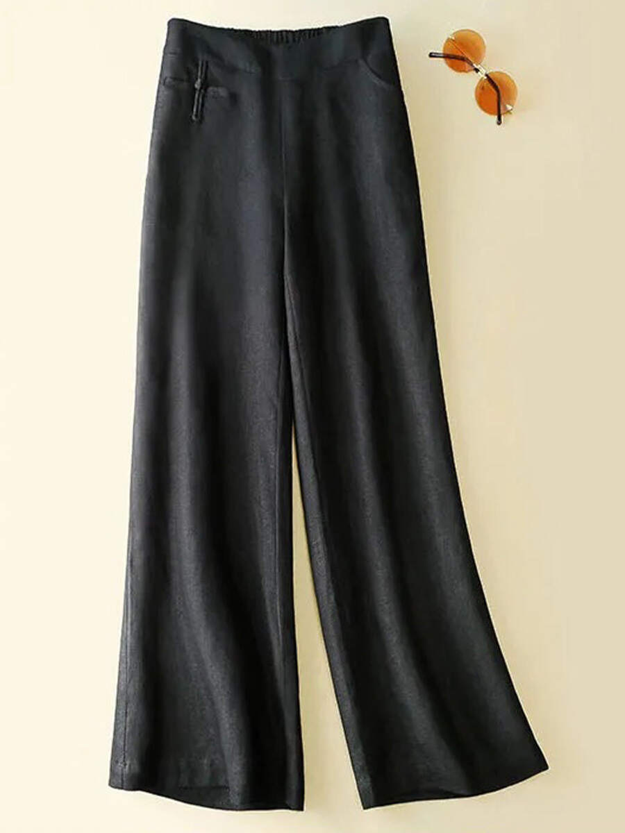 🔥Summer Arrivals🌟Women's Solid Color Button Half Elastic High Waist Casual Cotton and Linen Wide Leg Pants