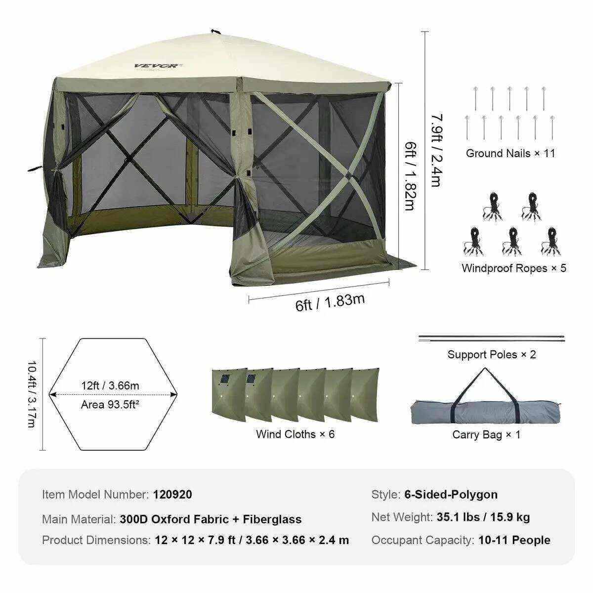 Camping Gazebo Screen Tent, 12*12ft, 6 Sided Pop-up Canopy Shelter Tent with Mesh Windows, Portable Carry Bag, Stakes, Large Shade Tents for Outdoor Camping, Lawn and Backyard, Brown/Beige