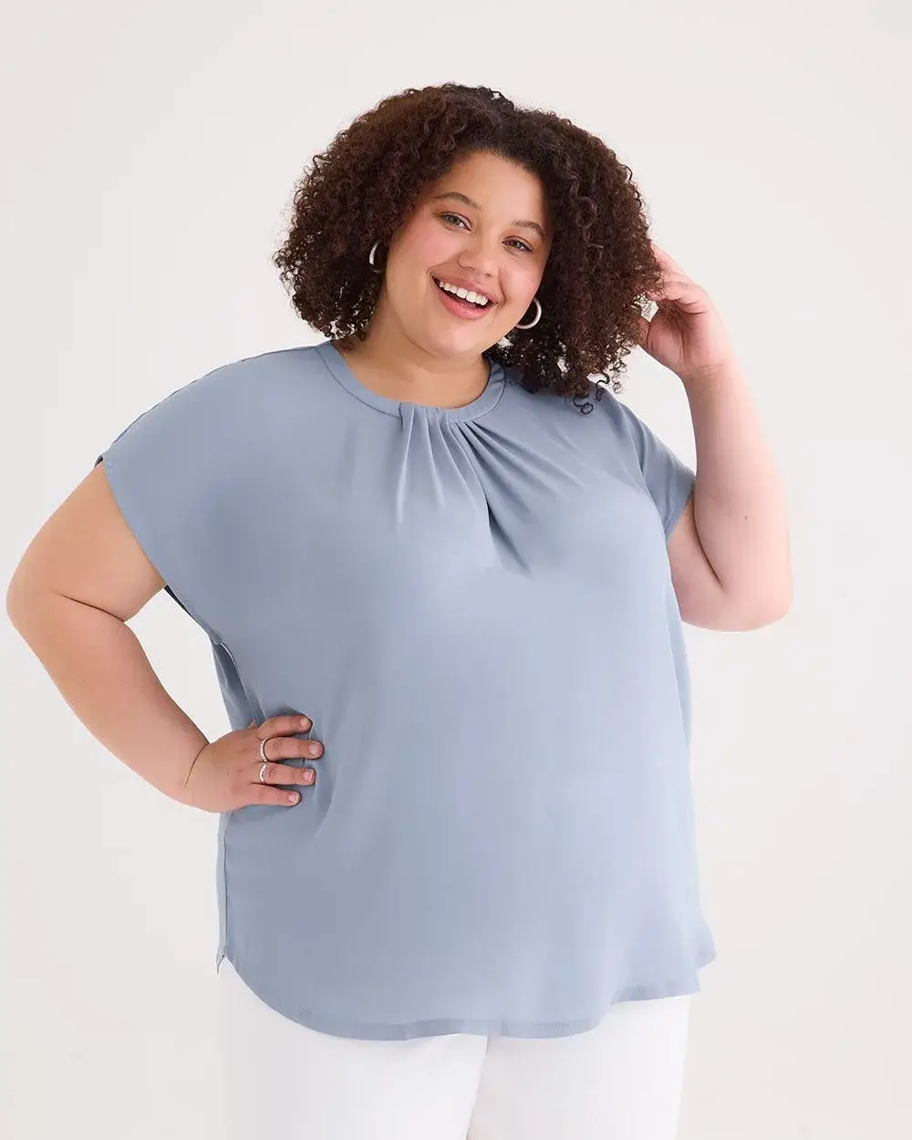 Extended-Sleeve Crew Neck Mixed Media Top