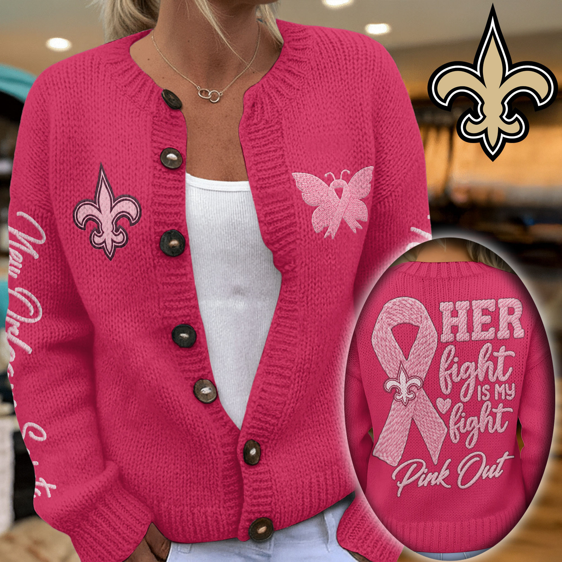New Orleans Saints | Premium NFL Her Fight Is Our Fight Cardigan TD