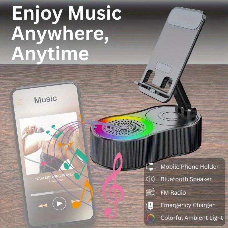 Upgraded Multi-Function Phone Holder with Wireless Speaker, RGB Mood Light & Wireless Charging - USB-C, Rechargeable Battery, Compatible with Phones/Tablets, Indoor/Outdoor Use, Valentine's Day & Holiday Gift, Multimedia Accessory, Speckled Design, Sturdy