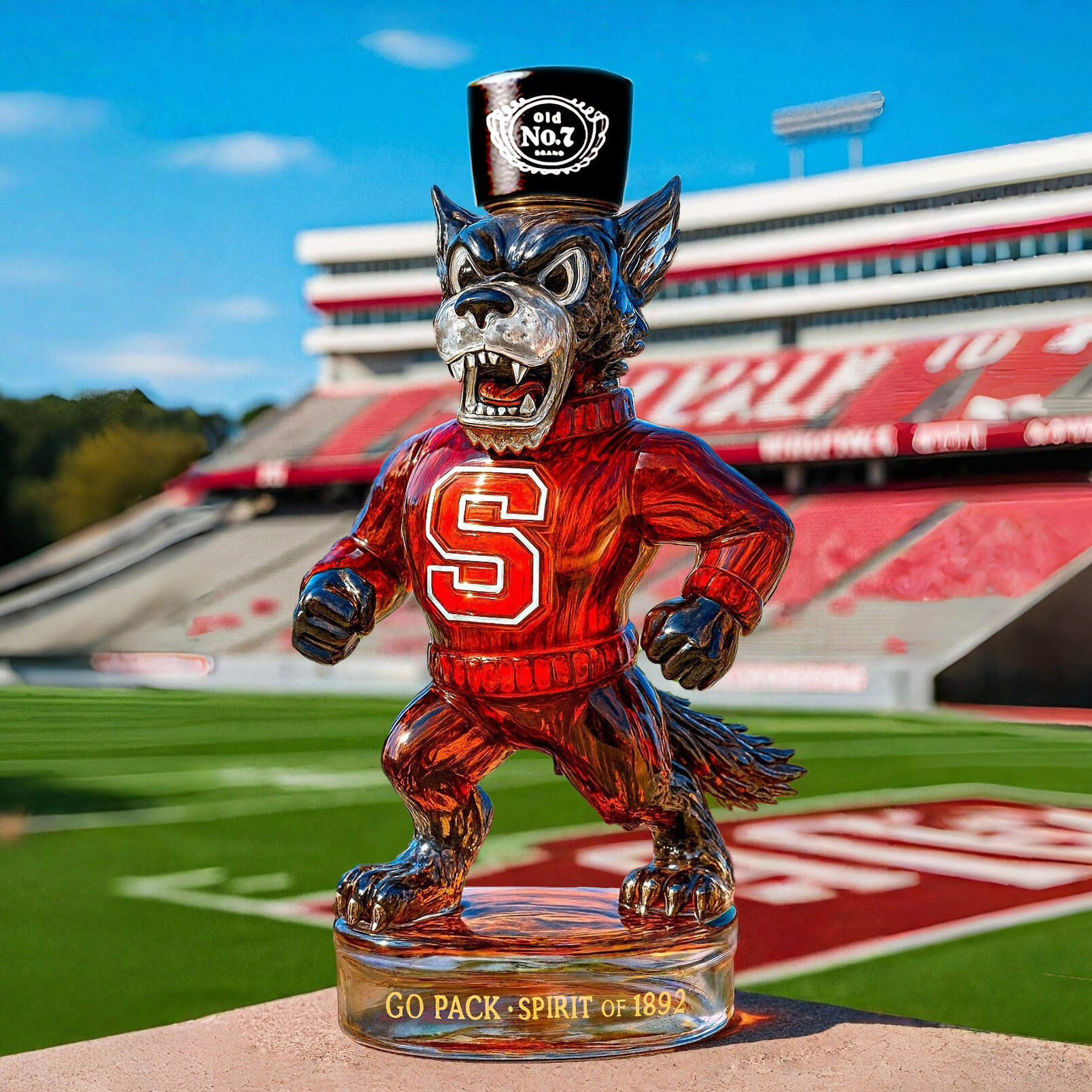 Wolfpack Spirit NCSU Tuffy Whiskey Sculpture Bottle
