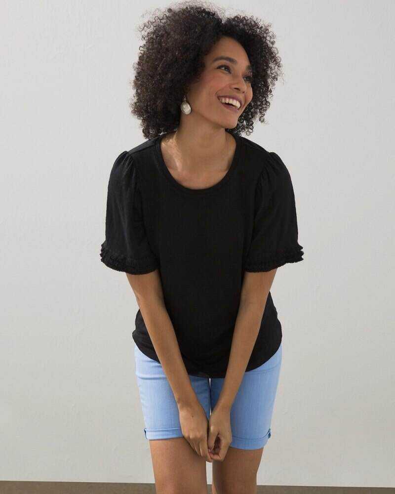 Linen Fringe Sleeve Tee Black