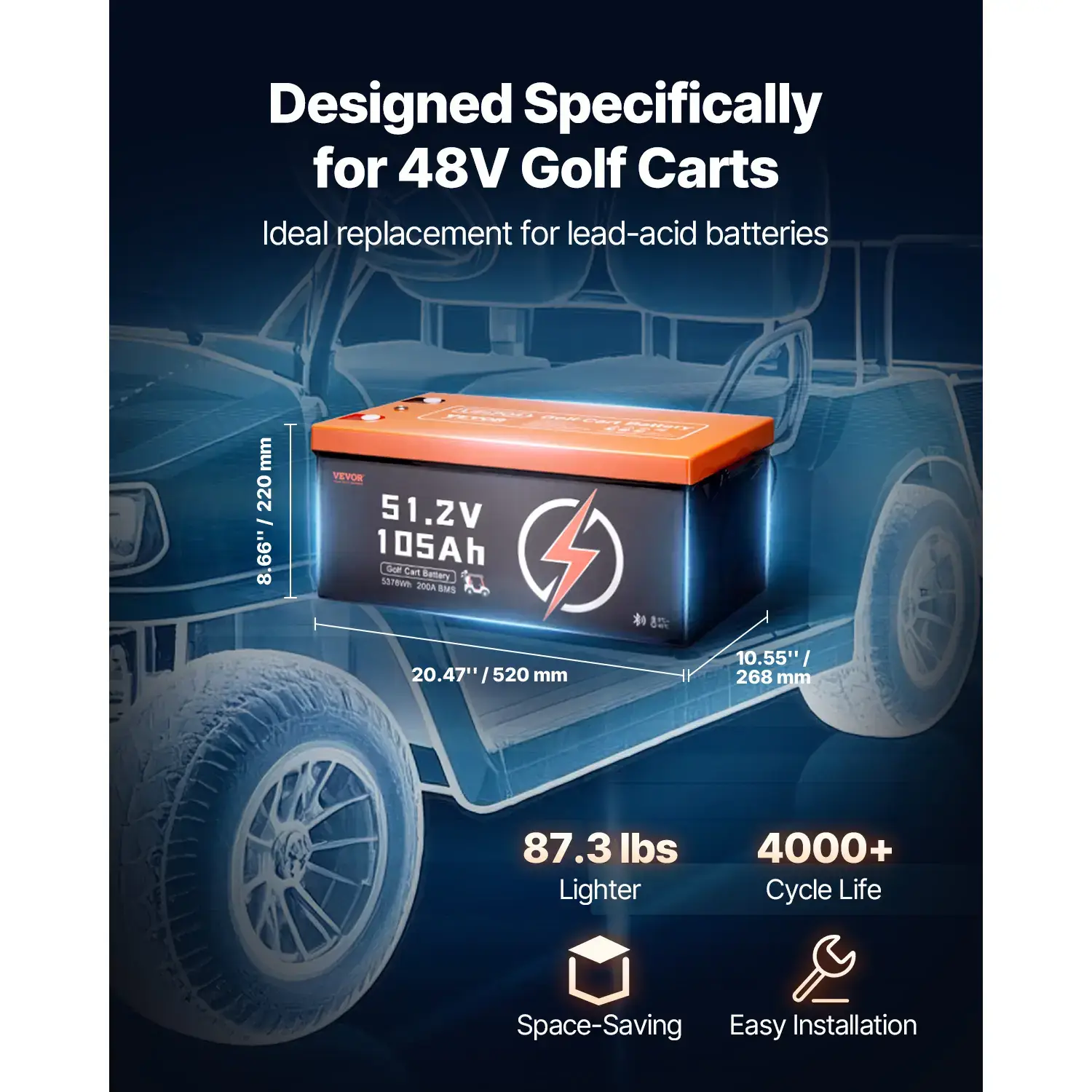 48V（51.2V) 105Ah Golf Cart Lithium Battery,48 Volt Golf Cart Battery with 200A BMS, LCD Monitor and Mobile APP, LiFePO4 Battery with 600A Peak Current, 20A Charger and 4000+ Cycles, for Golf Carts