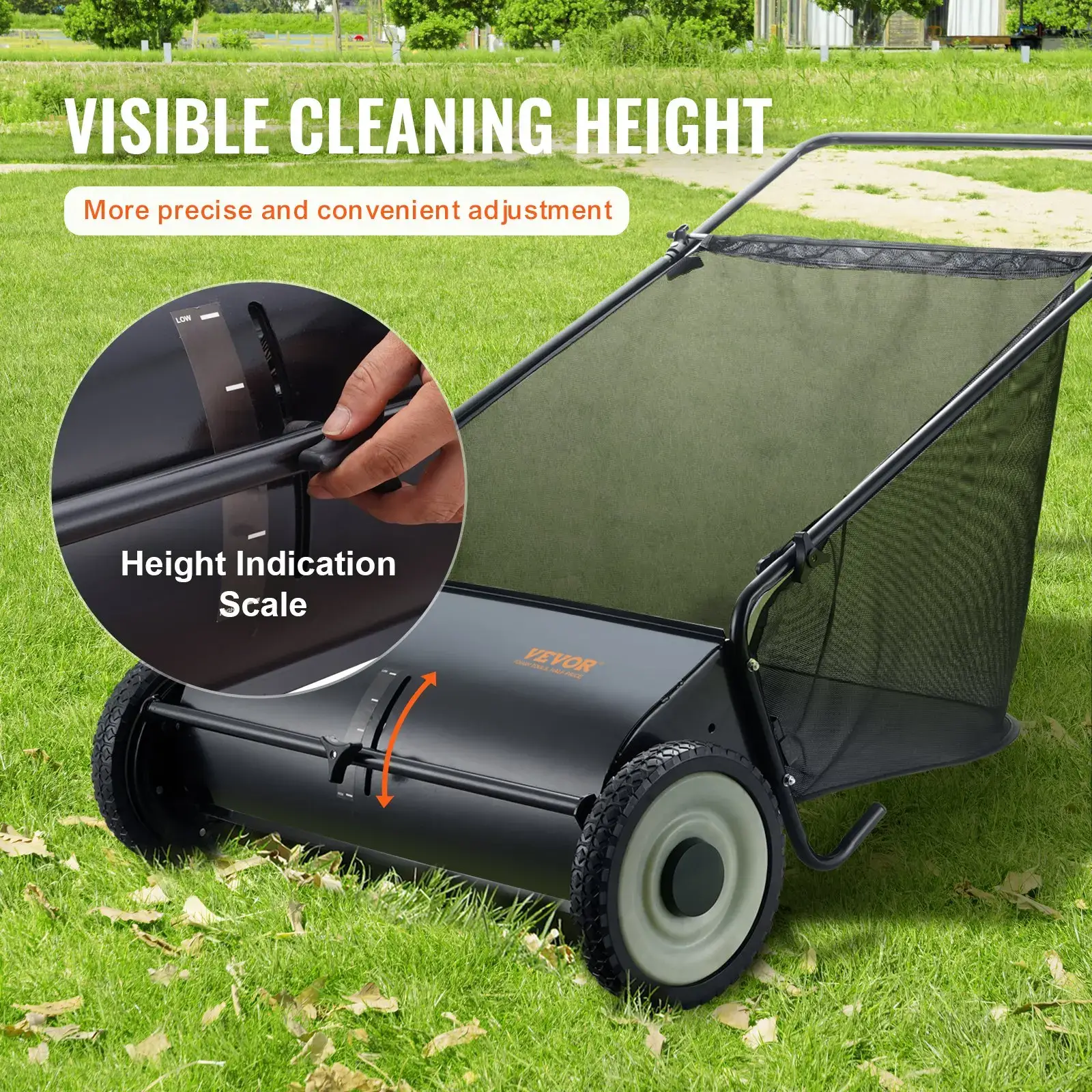 Push Lawn Sweeper,  26 Inch Leaf & Grass Collector, Strong Rubber Wheels & Heavy Duty Thickened Steel Durable to Use with Large Capacity 7 ft³ Mesh Collection Bag, 4 Spinning Brushes