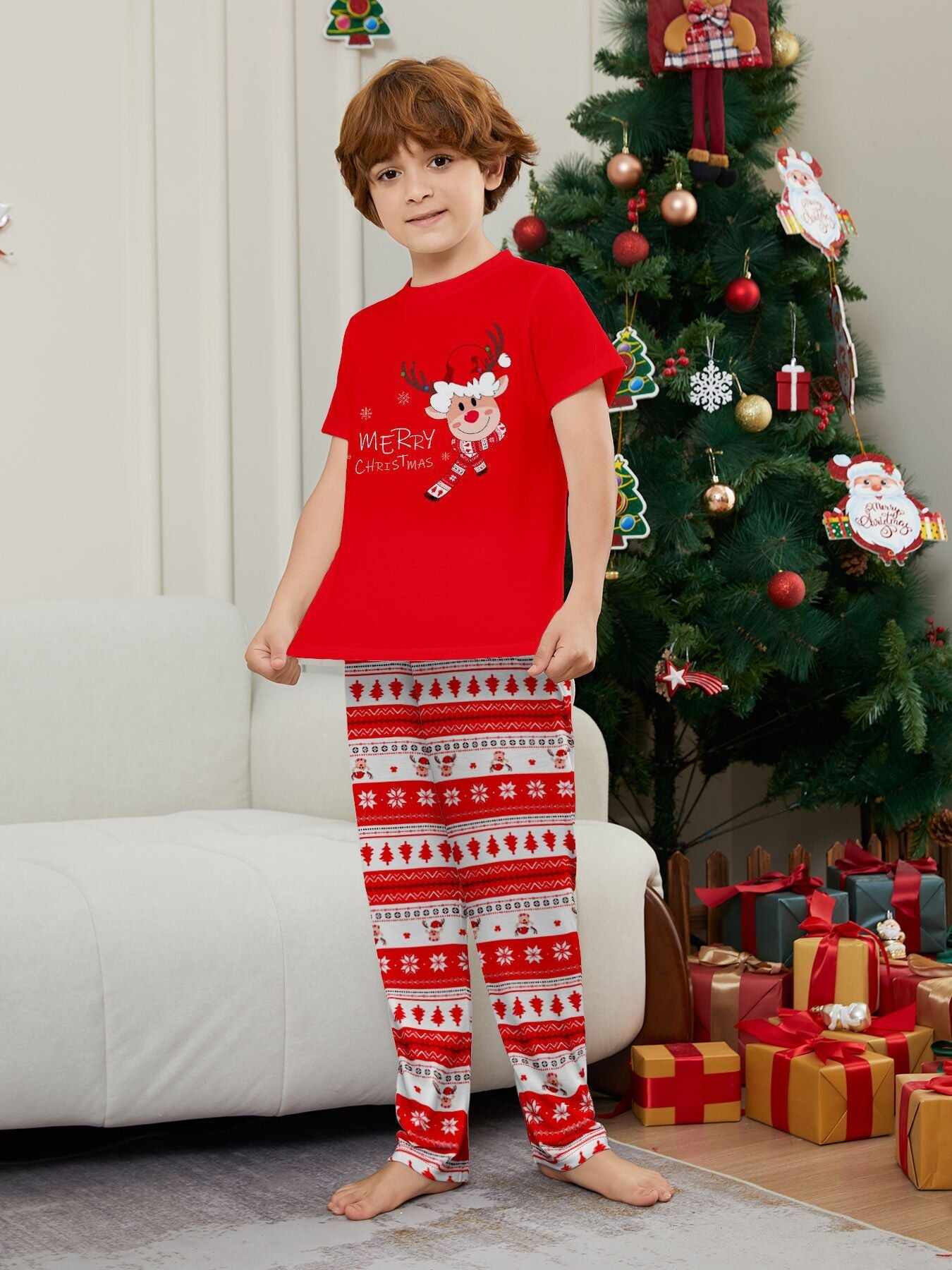 Fawn Printed Short Sleeve Family Matching Christmas Pajamas Sets