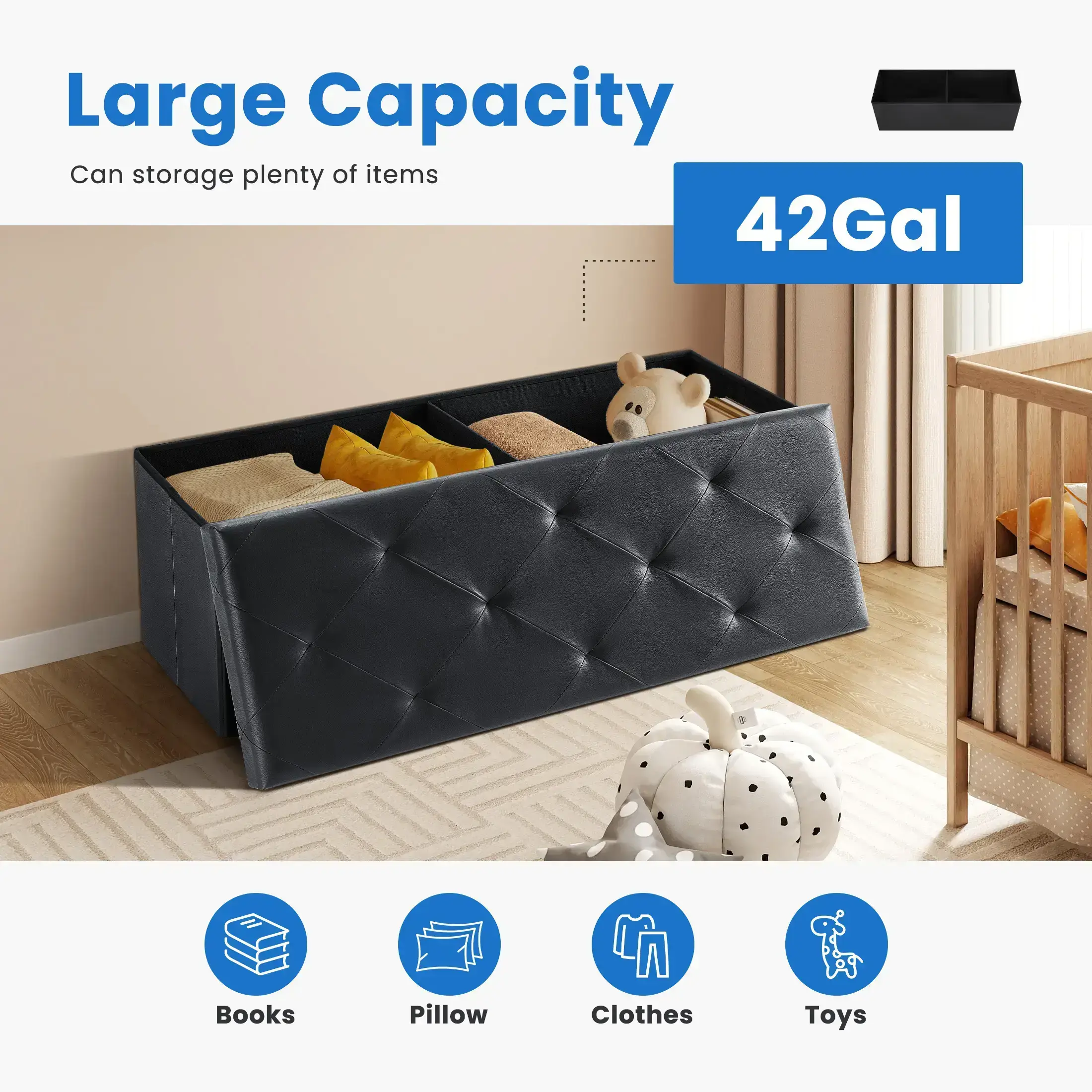 Folding Storage Ottoman Bench Modern Linen Fabric Padded Seat Large Toy Box End of Bed Entryway Comfortable Durable Multifunctional Seater