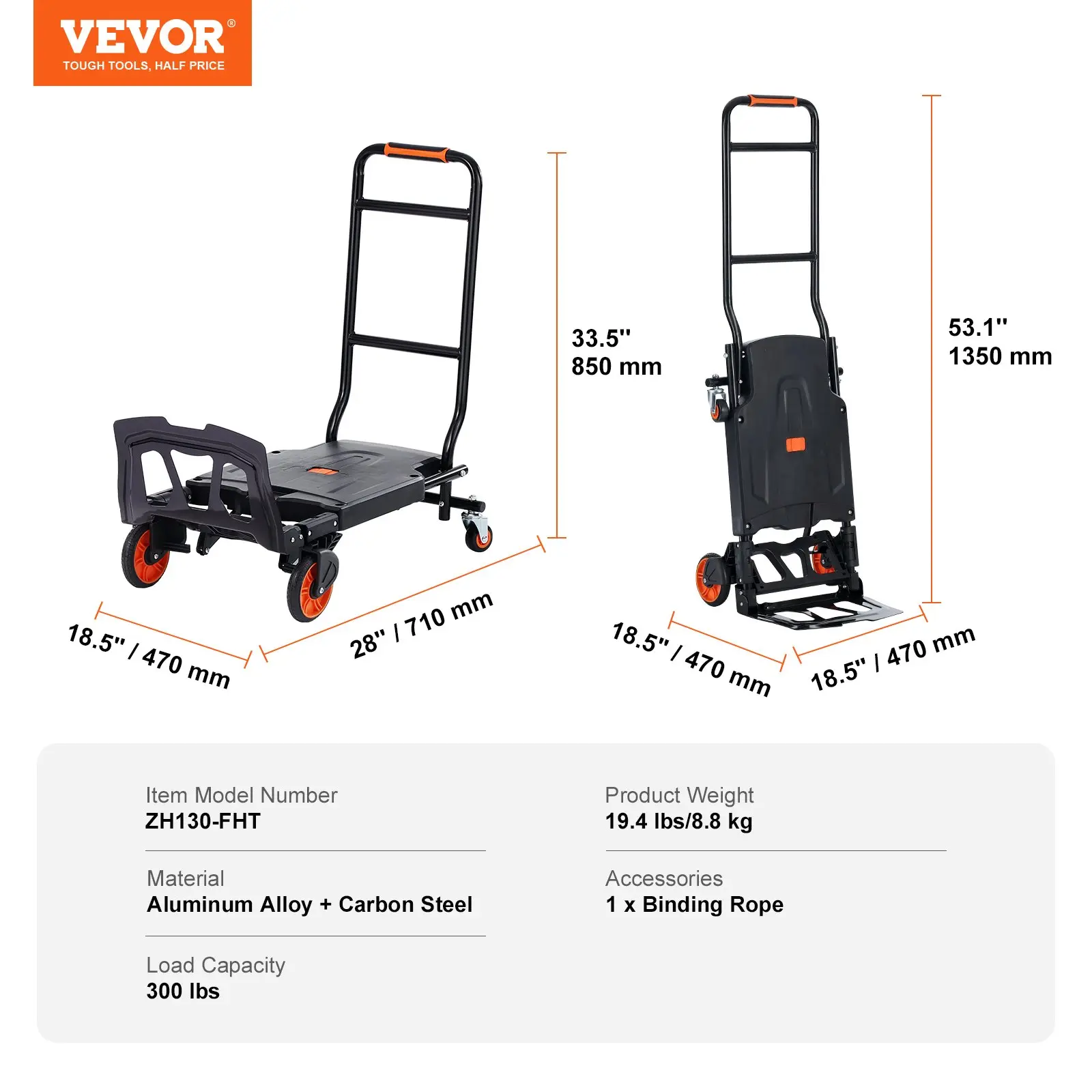 Aluminum Folding Hand Truck, 2 in 1 Design Max 800 lbs Capacity, Heavy Duty Industrial Collapsible cart, Dolly Cart with Rubber Wheels for Transport and Moving in Warehouse, Supermarket, Garden