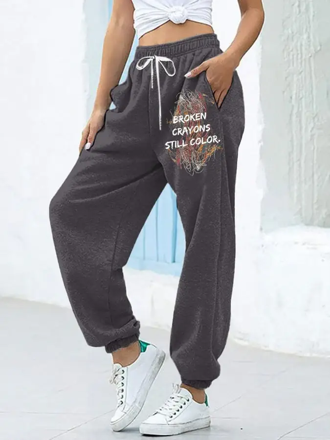 Women's Positive Energy Casual Broken Crayons Still Color Printed Lace-Up With Pockets Trousers