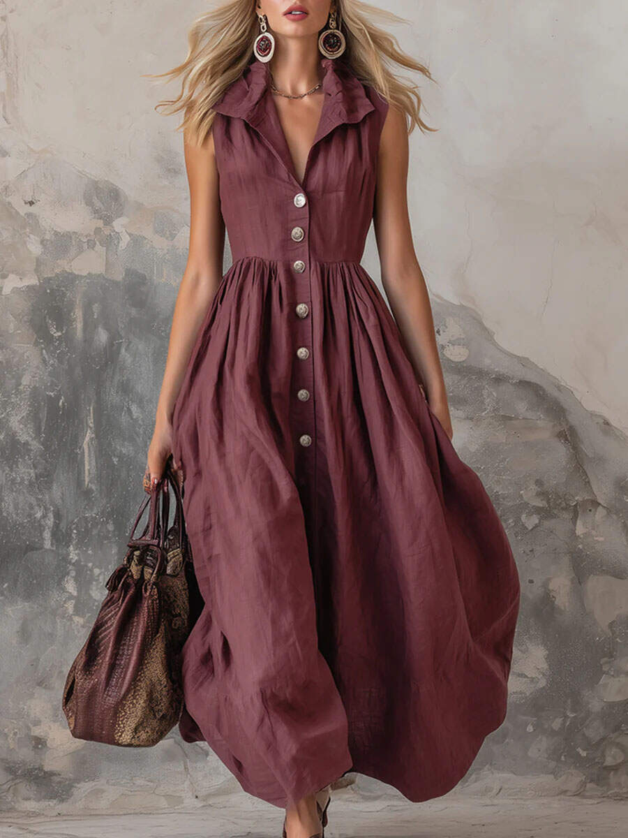 🔥Summer Arrivals🌟Women's Solid Color Lapel Sleeveless Casual Loose Cotton Dress