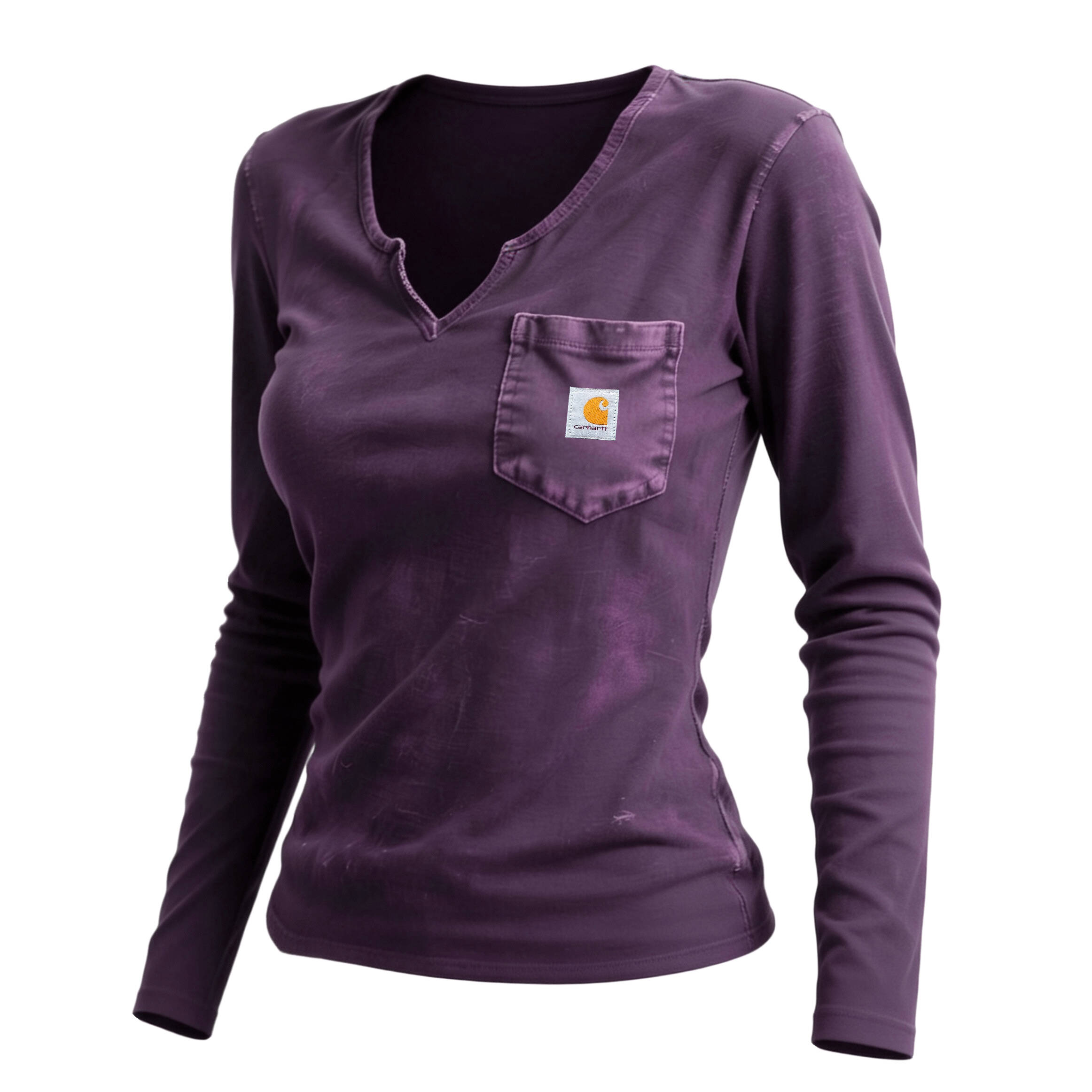 Women's Vintage Washed Distressed Collar V-Neck Long-Sleeve T-Shirt