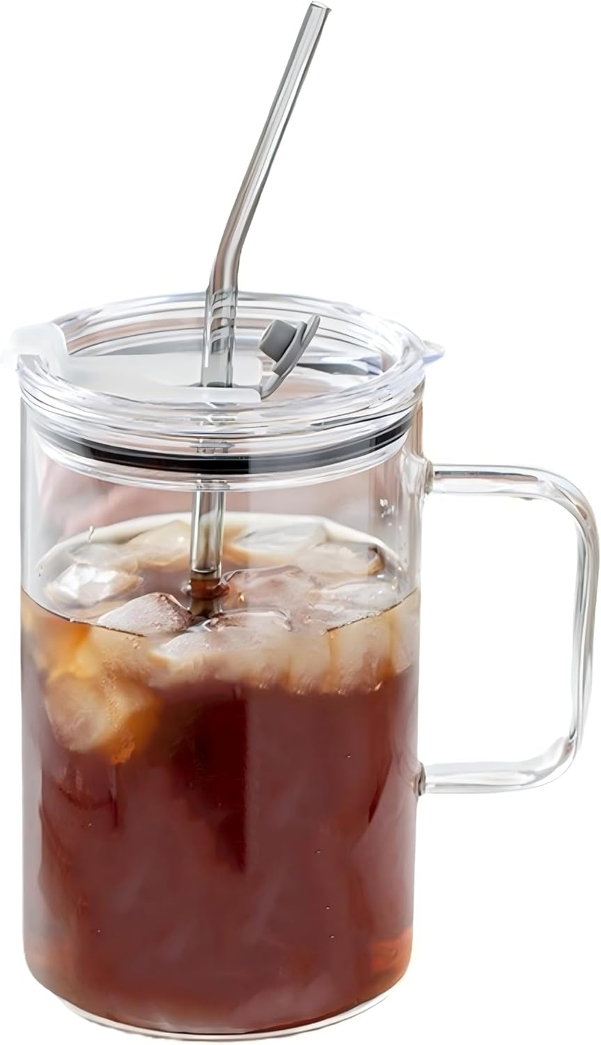 33 ounces (approximately 958.5 grams) large capacity cold drink glass cup with handle, mug lid and straw, suitable for coffee, iced tea, beer, water, other hot and cold beverages, -120 degrees Fahrenheit (approximately 55.6 degrees Celsius) to 300 degrees