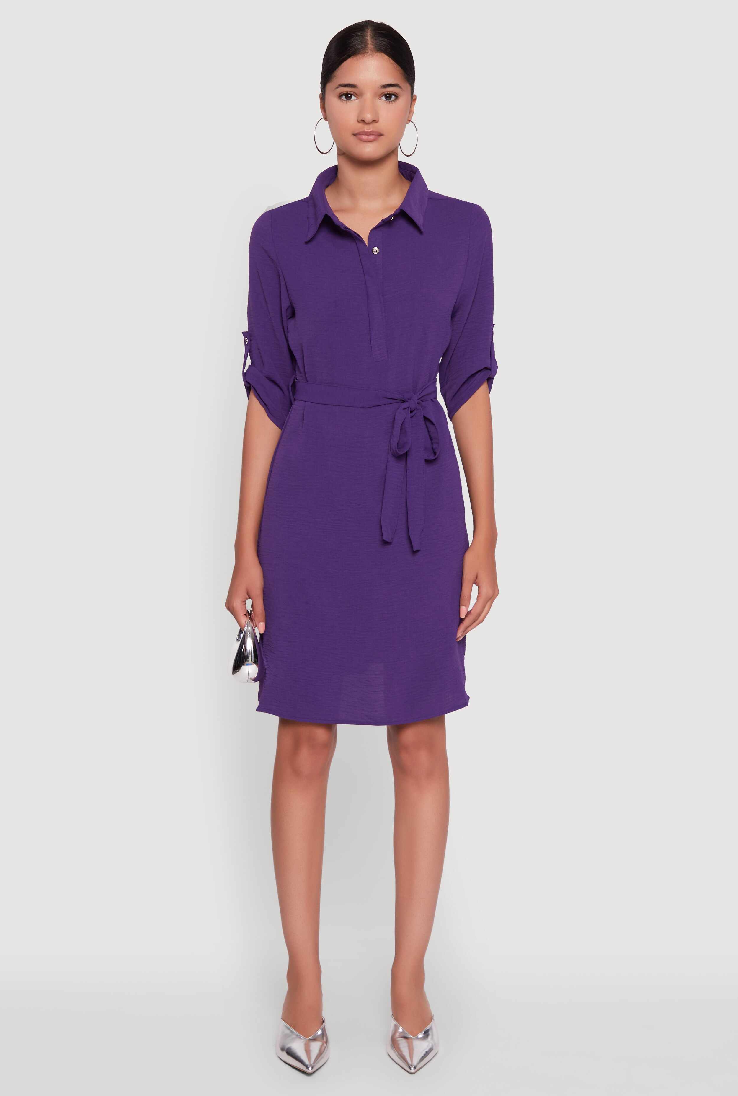 Airy Three Quarter Tabbed Sleeve Belted Shirt Dress
