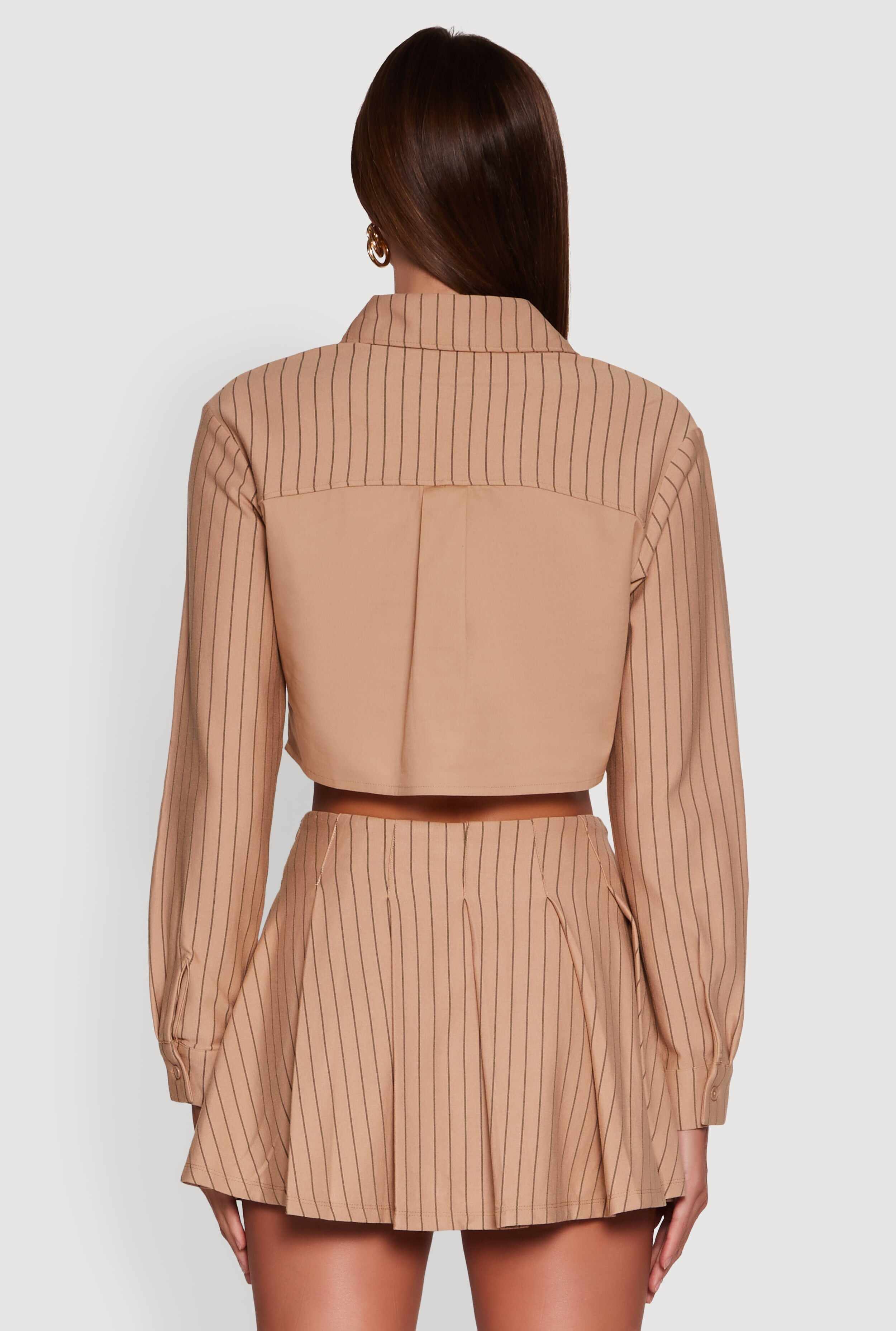 Trendy Pinstripe Detail Cropped Shirt with Flap Pocket