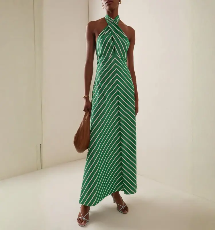 Halter Striped Print Midi Dress
