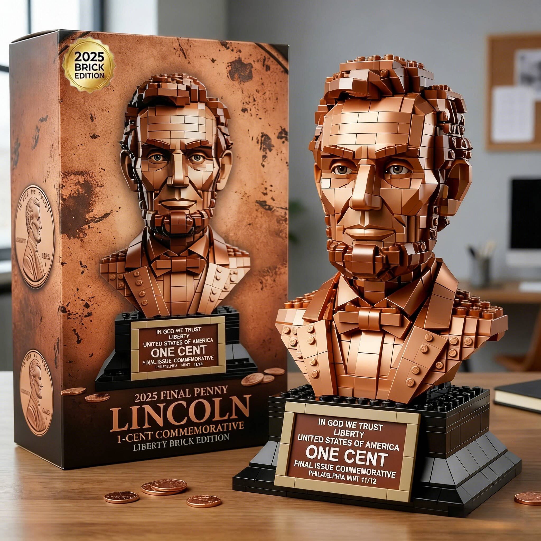 2025 Final Penny · Lincoln 1-Cent Commemorative Liberty Brick Edition