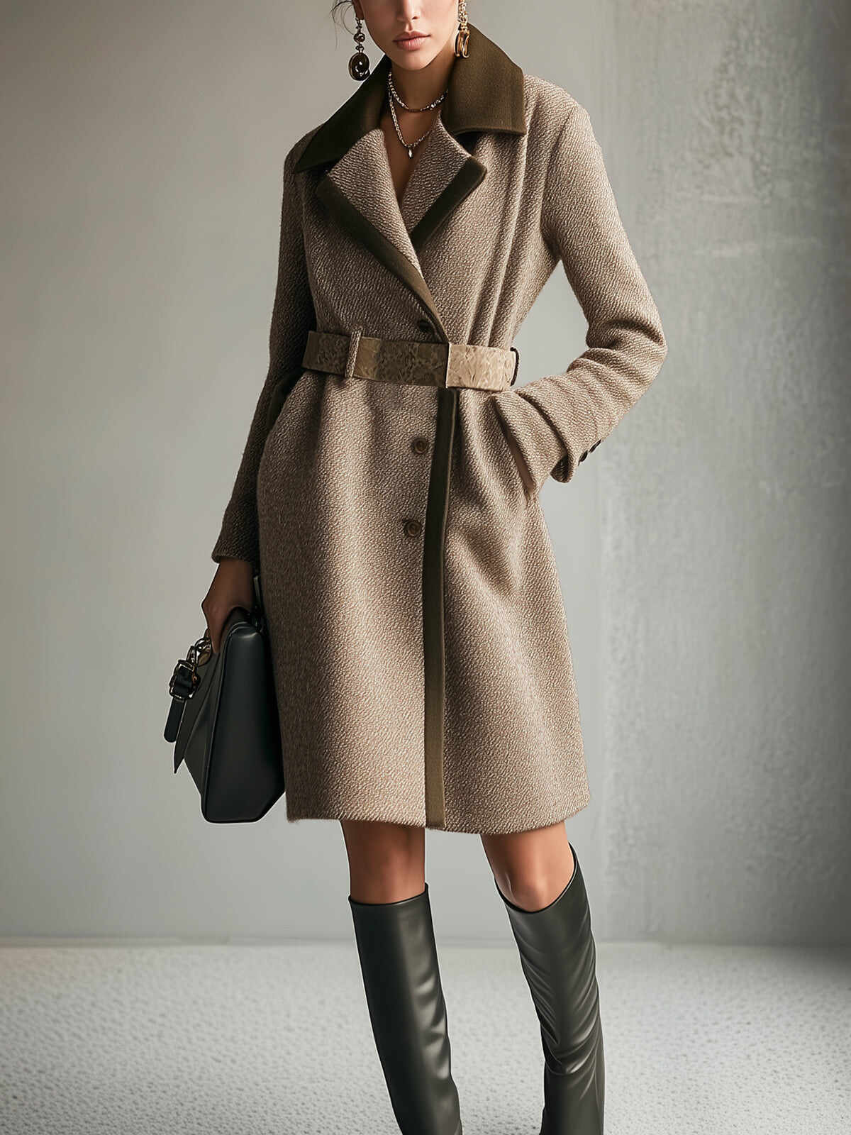 Camel Blend Jacket With Army Green Trim And Belt