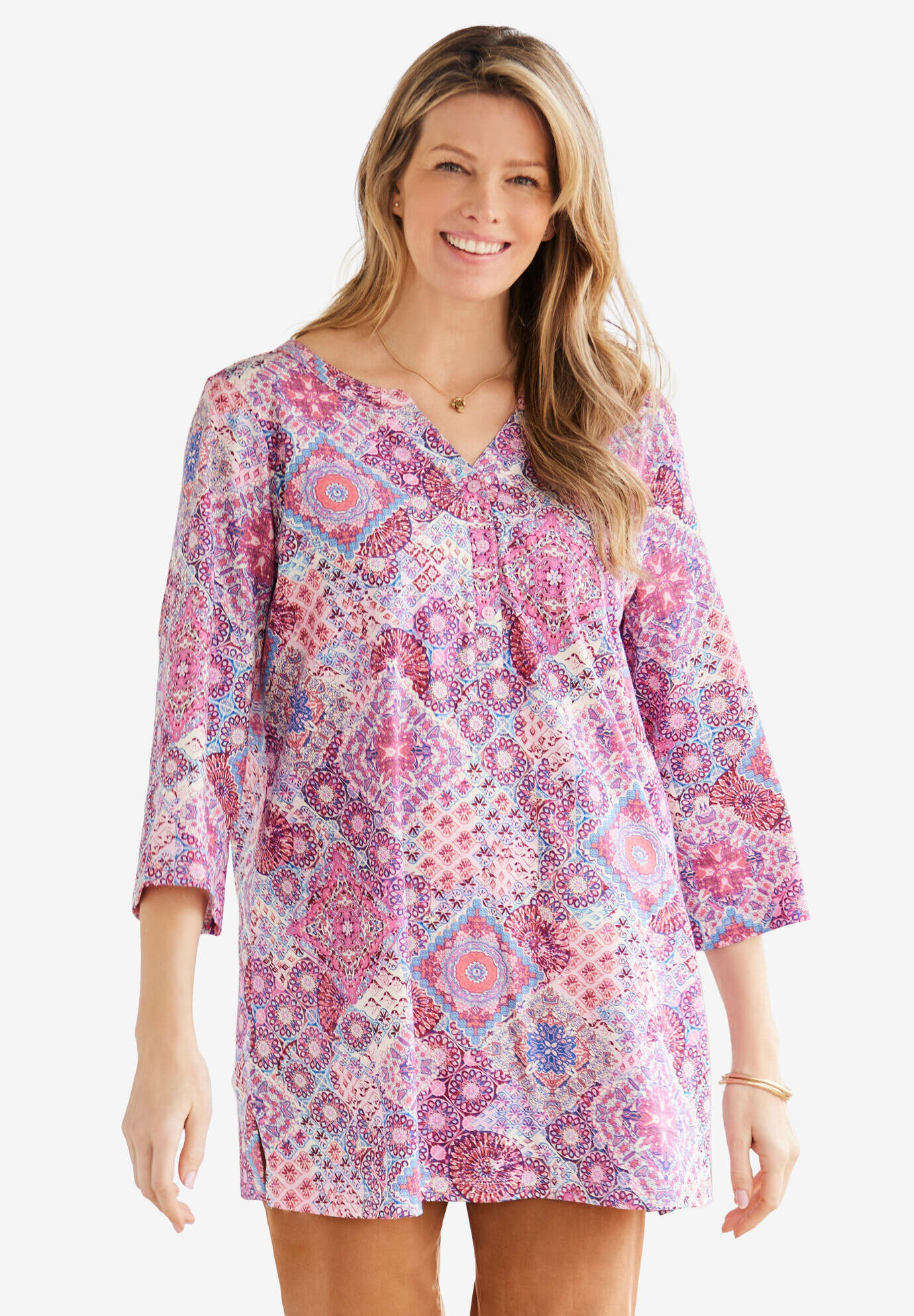 Henley Three-Quarter Sleeve Knit Tunic