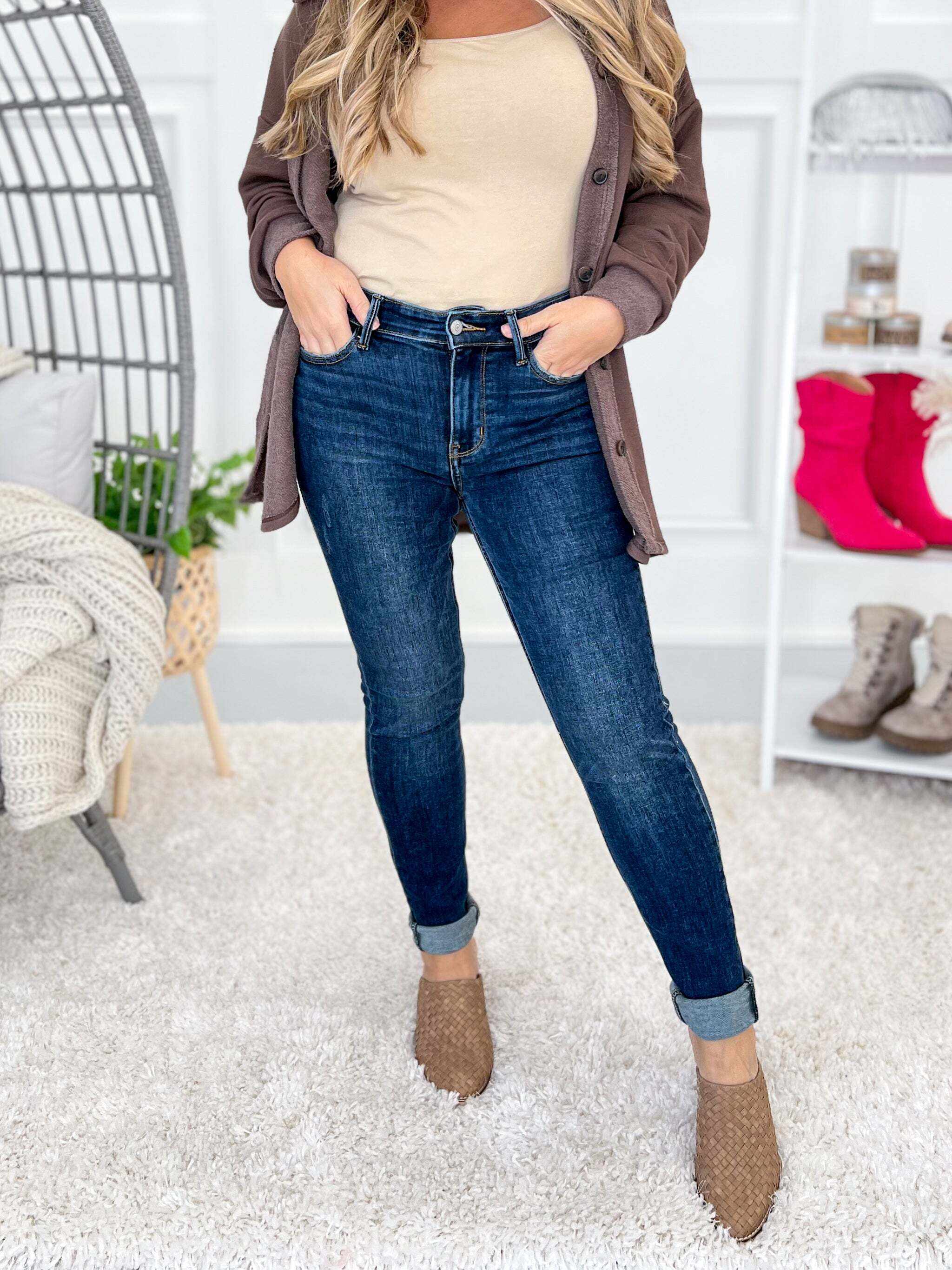 The Skinny Dip - Christmas Vintage Raw Hem Skinny Jeans- Final Sale